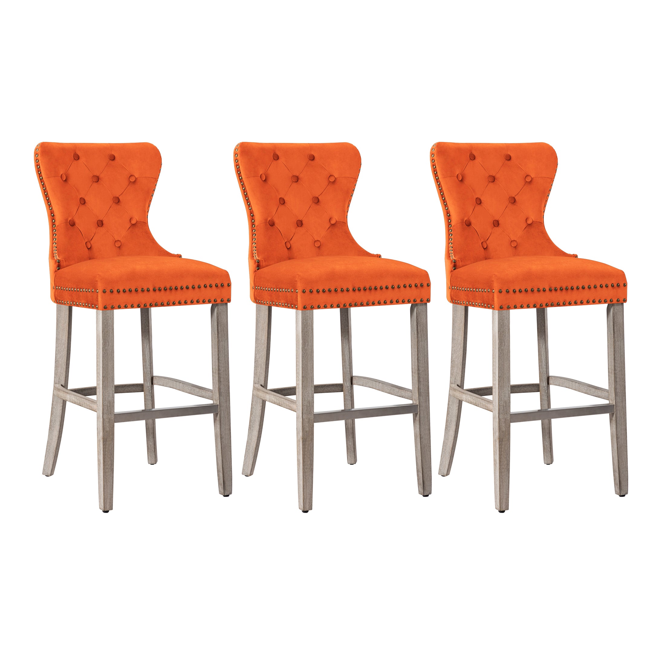 Hank 29" Tufted Velvet Bar Stool (Set of 3), Antique Gray