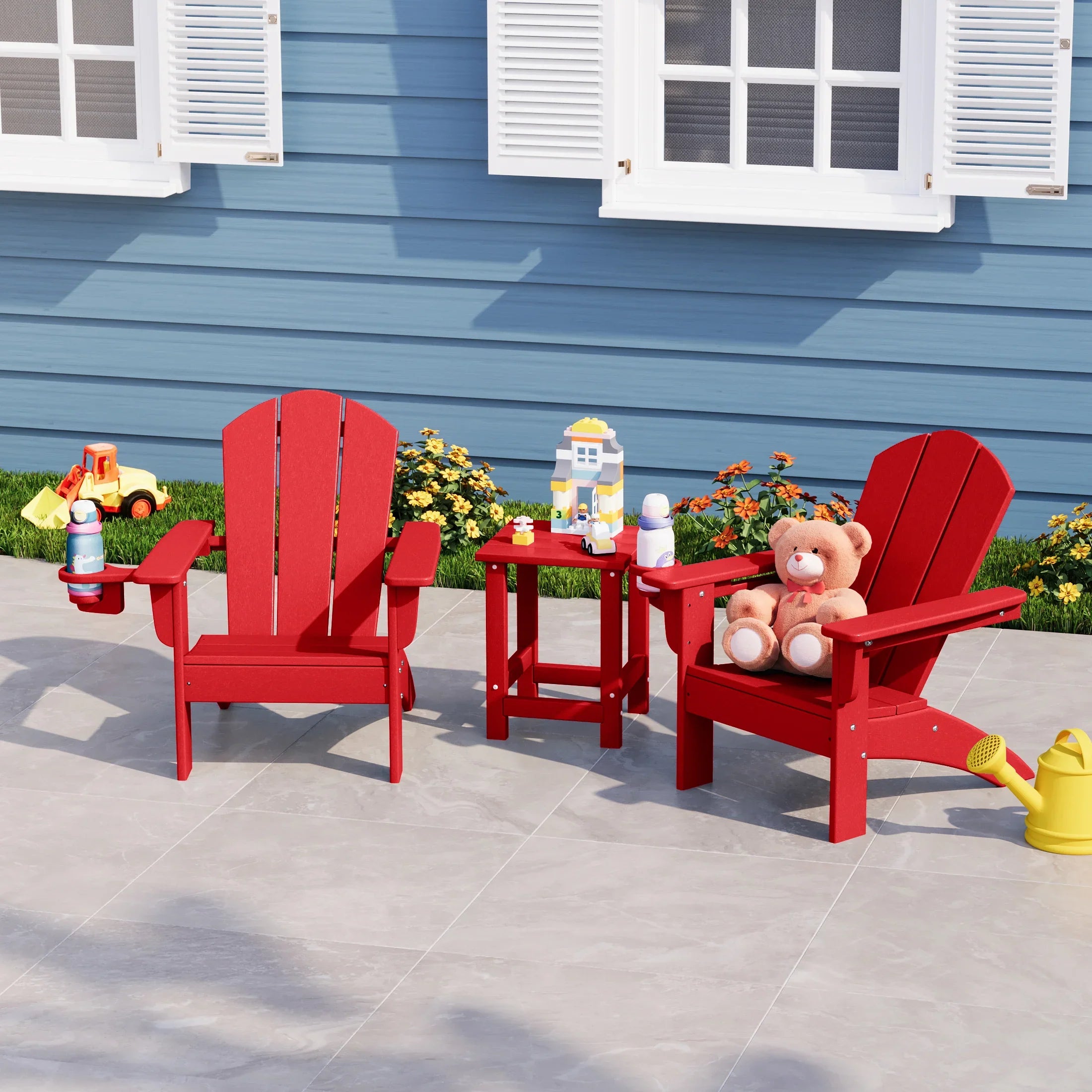 Paradise 3-Piece Kids HDPE Adirondack Chairs Set with Square Side Table and Cup Holders