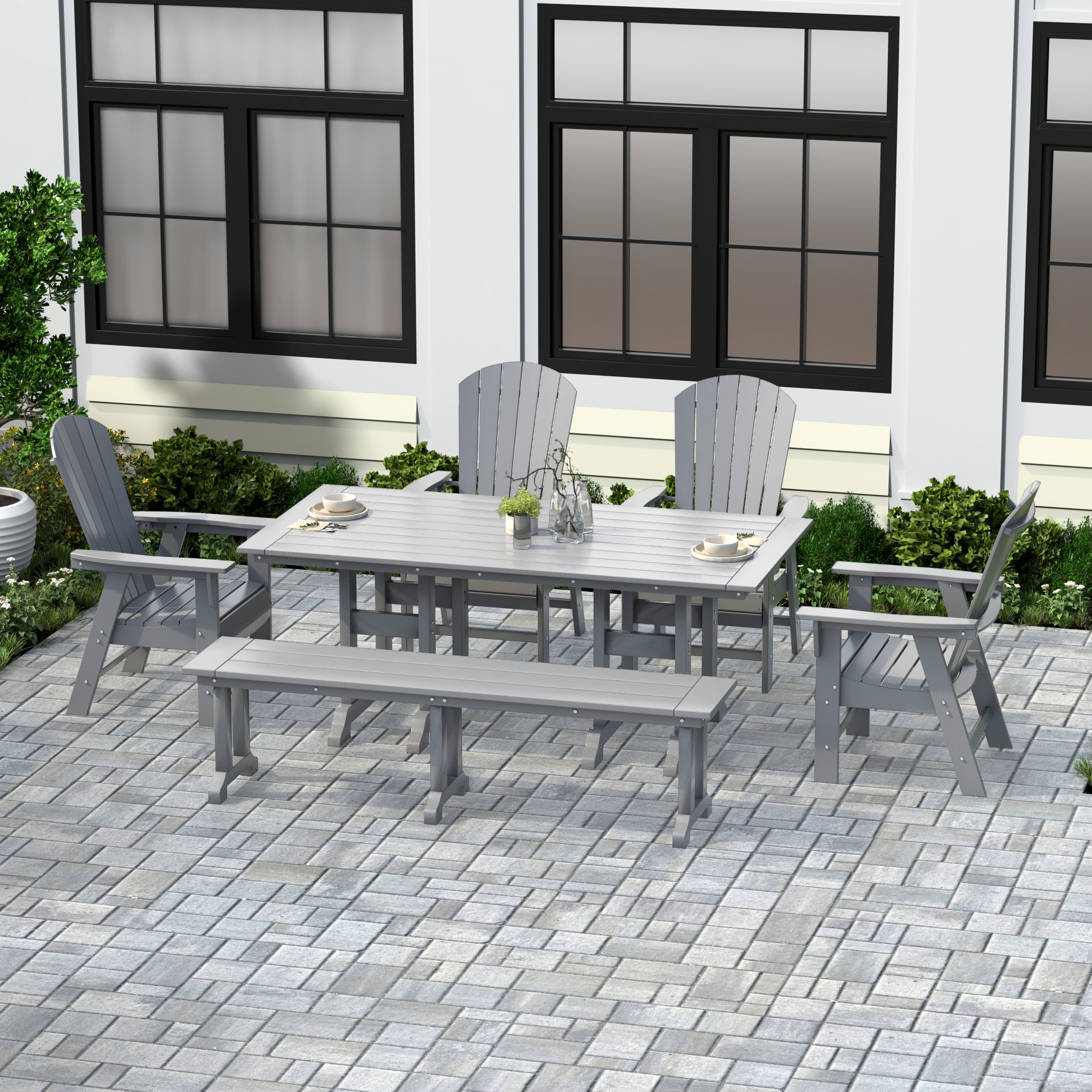 Portside 6 Piece Outdoor Patio Dining Table and Armchair Dining Bench Set