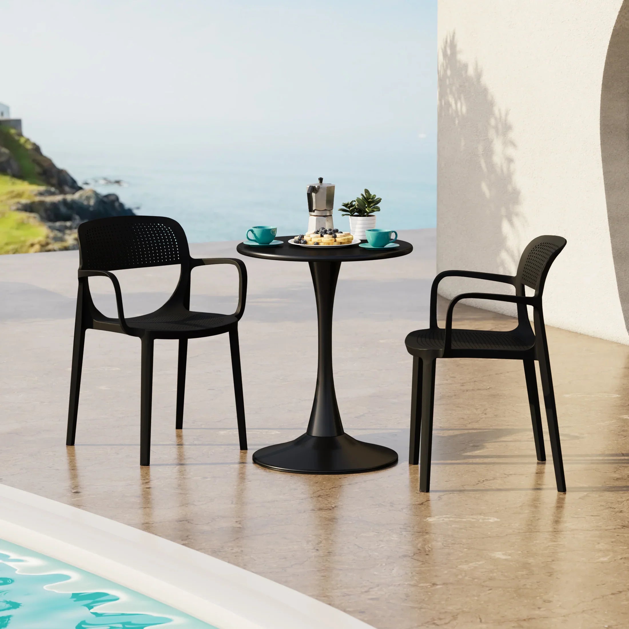 Sunshine 3-Piece Round Metal Bistro Dining Table Set And Stackable Resin Patio Dining Arm Chairs