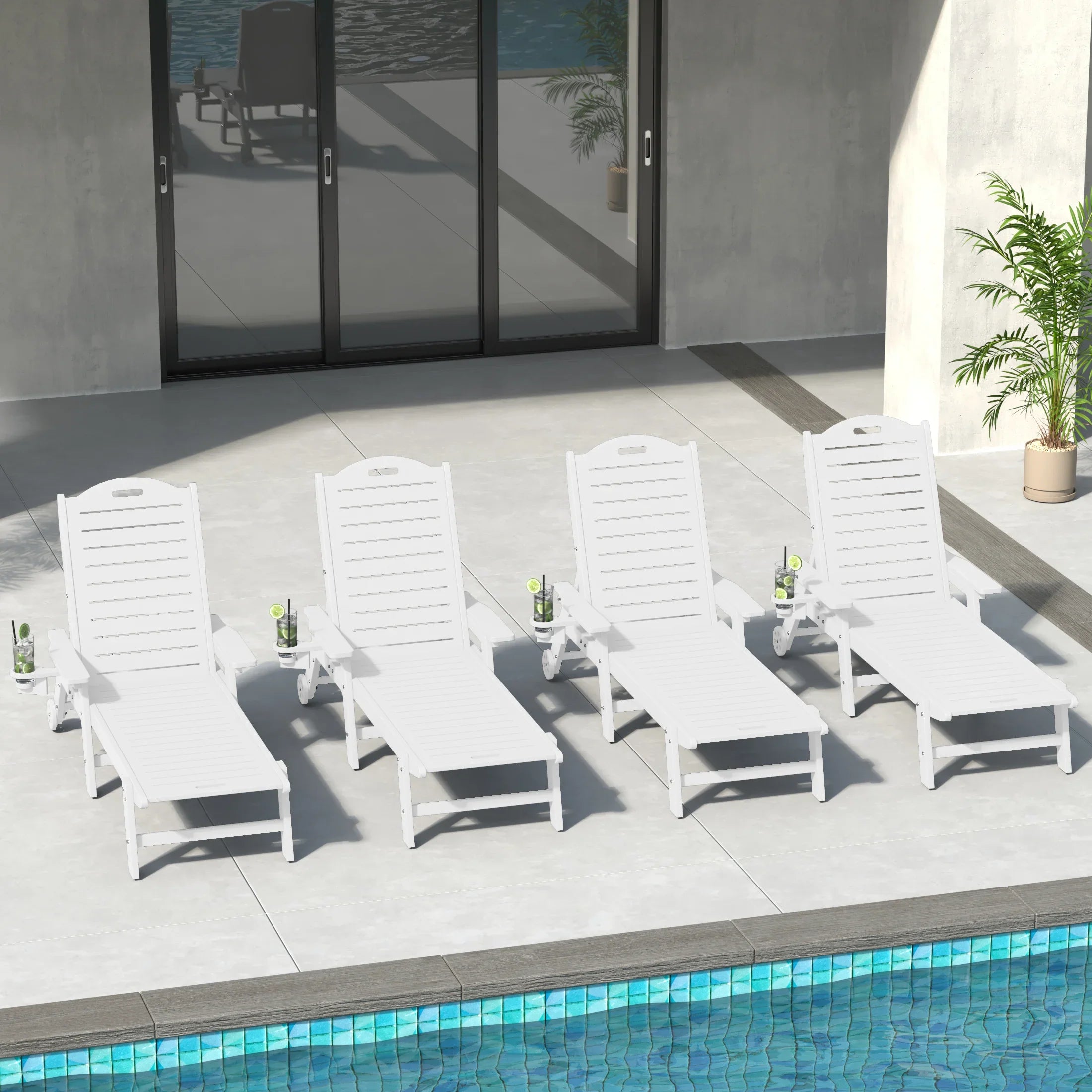 Lago Outdoor HDPE Patio Chaise Lounges With Wheels & Cup Holder (Set of 4)