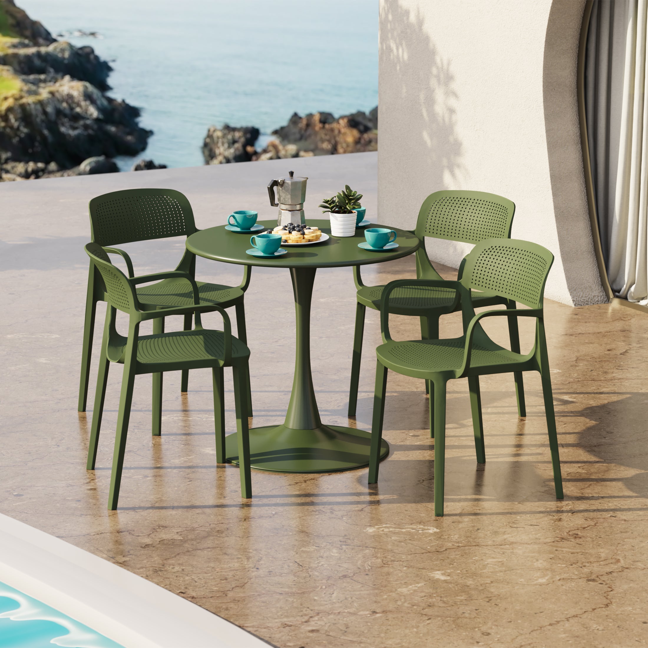Sunshine 5-Piece Round Metal Bistro Dining Table Set And Stackable Resin Patio Dining Side Chairs
