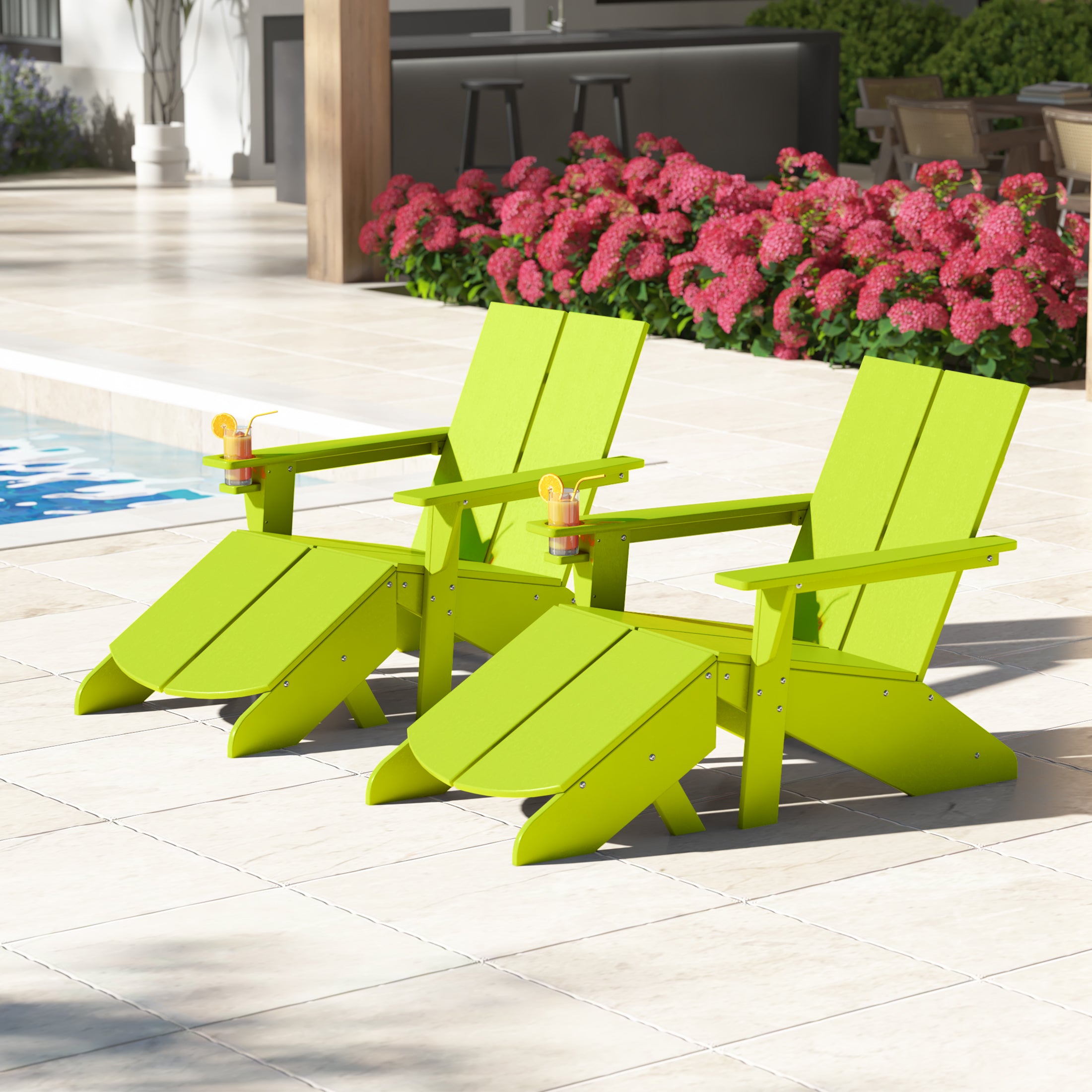 Seaview Outdoor 4-Piece HDPE Modern Adirondack Chairs Set with Folding Patio Ottomans and Cup Holder