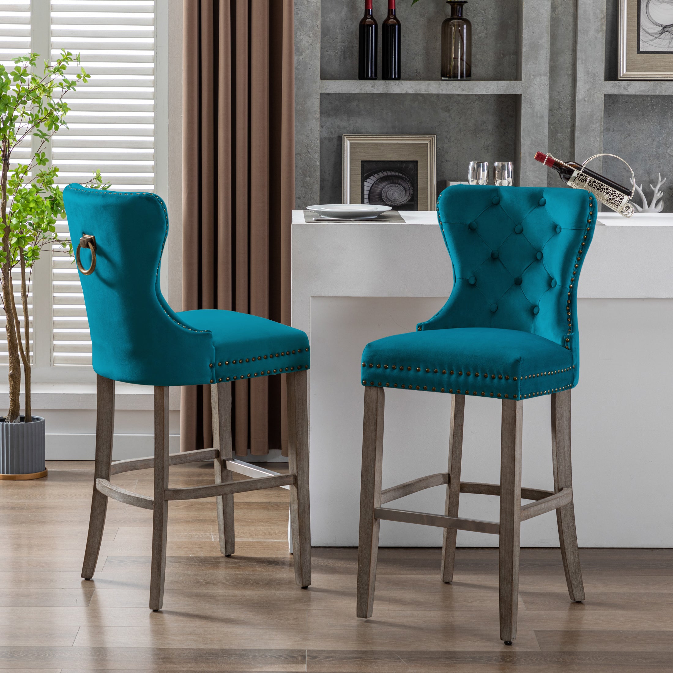 Hank 29" Tufted Velvet Bar Stool (Set of 2), Antique Gray