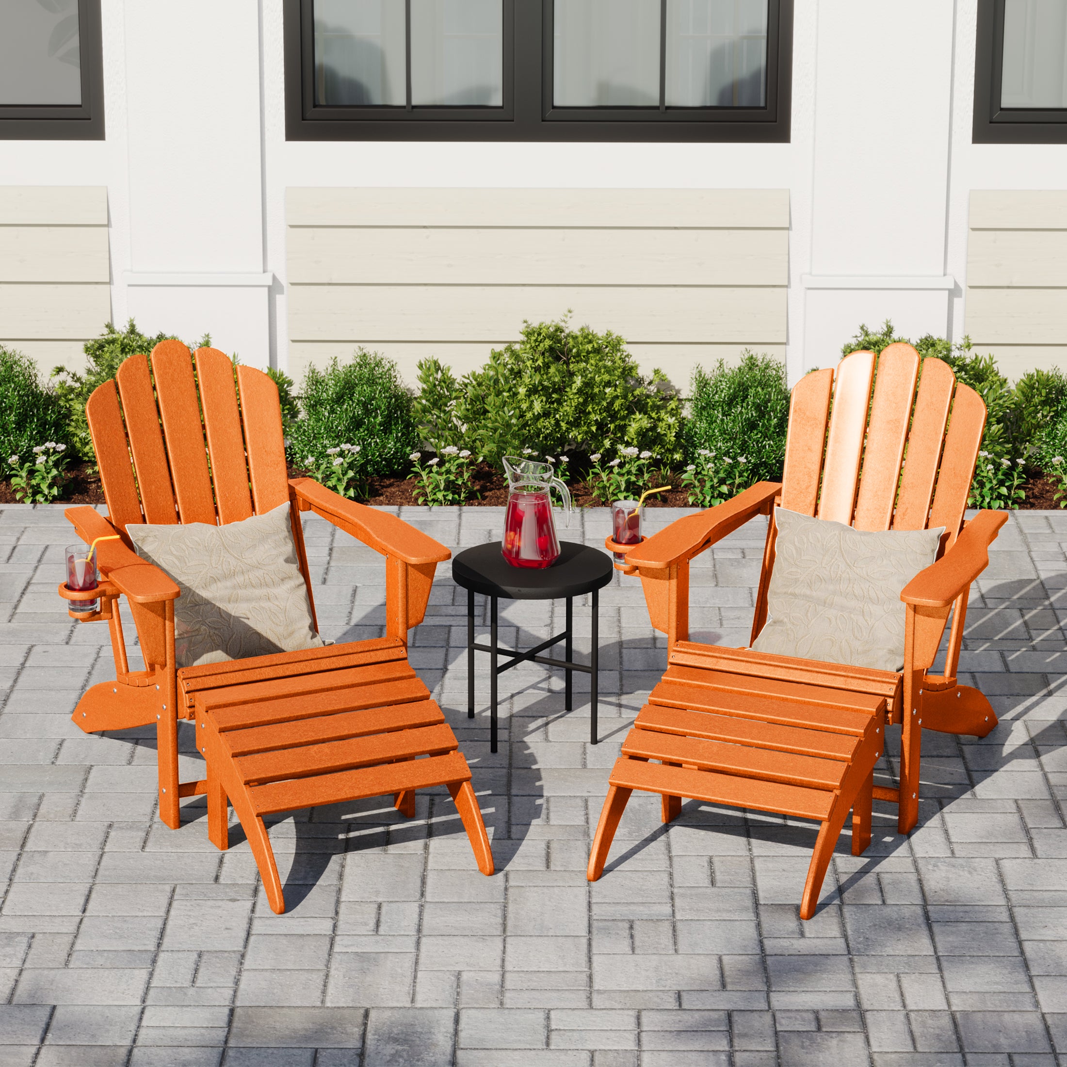 Lakeview 4-Piece Outdoor Patio HDPE Adirondack Chairs With Ottomans and Cup Holder Set