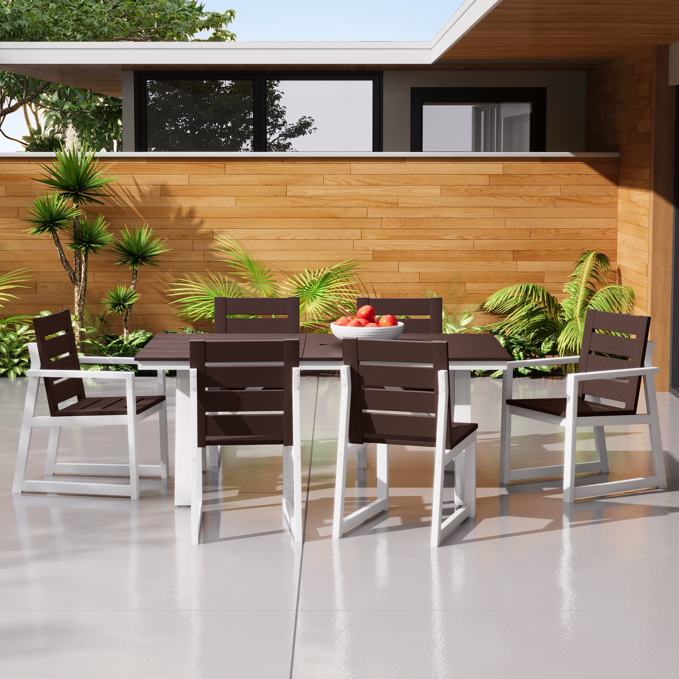 Stinson 7-Piece HDPE Outdoor Furniture Patio Dining Table With Umbrella Hole and Chairs Set For 6