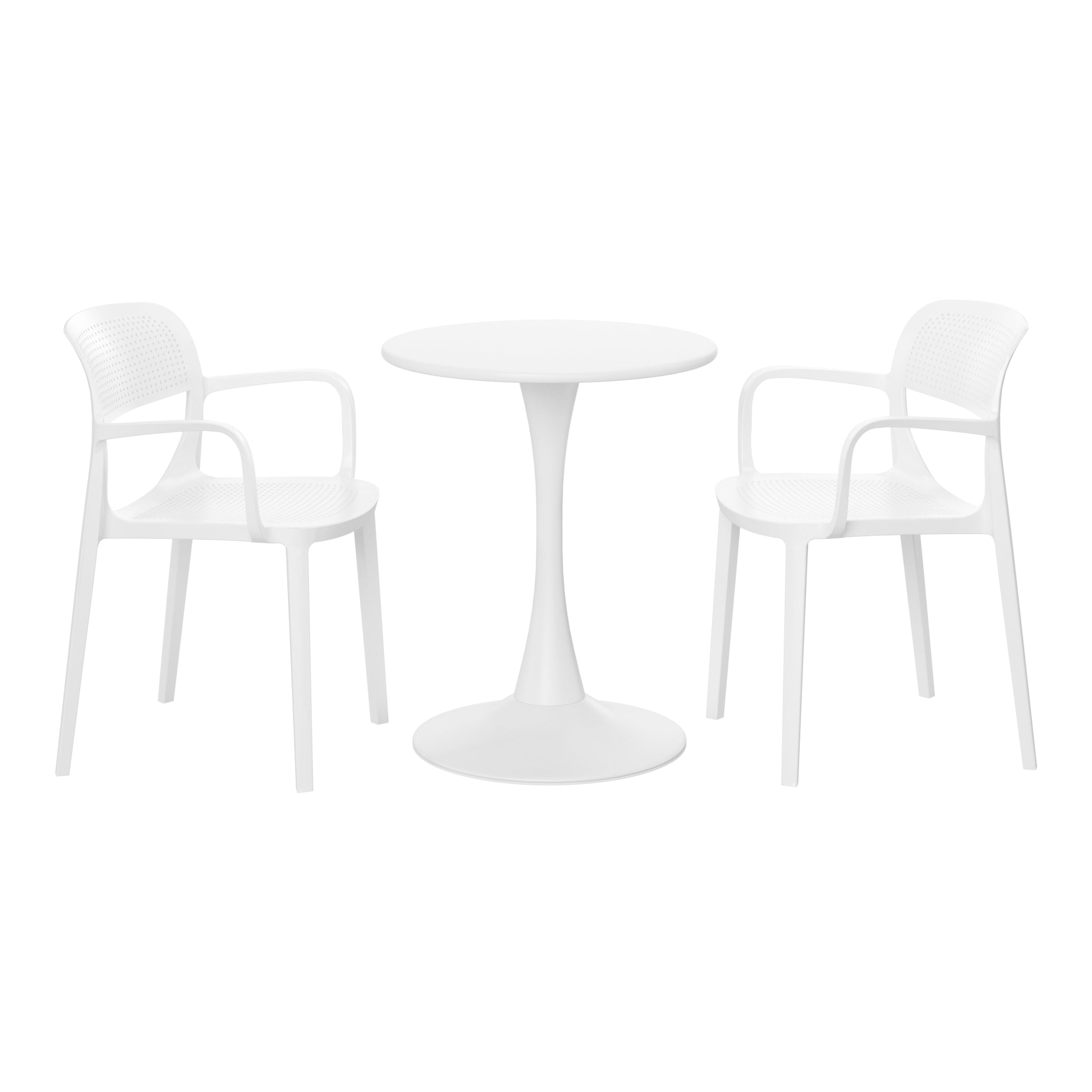 Sunshine 3-Piece Round Metal Bistro Dining Table Set And Stackable Resin Patio Dining Arm Chairs