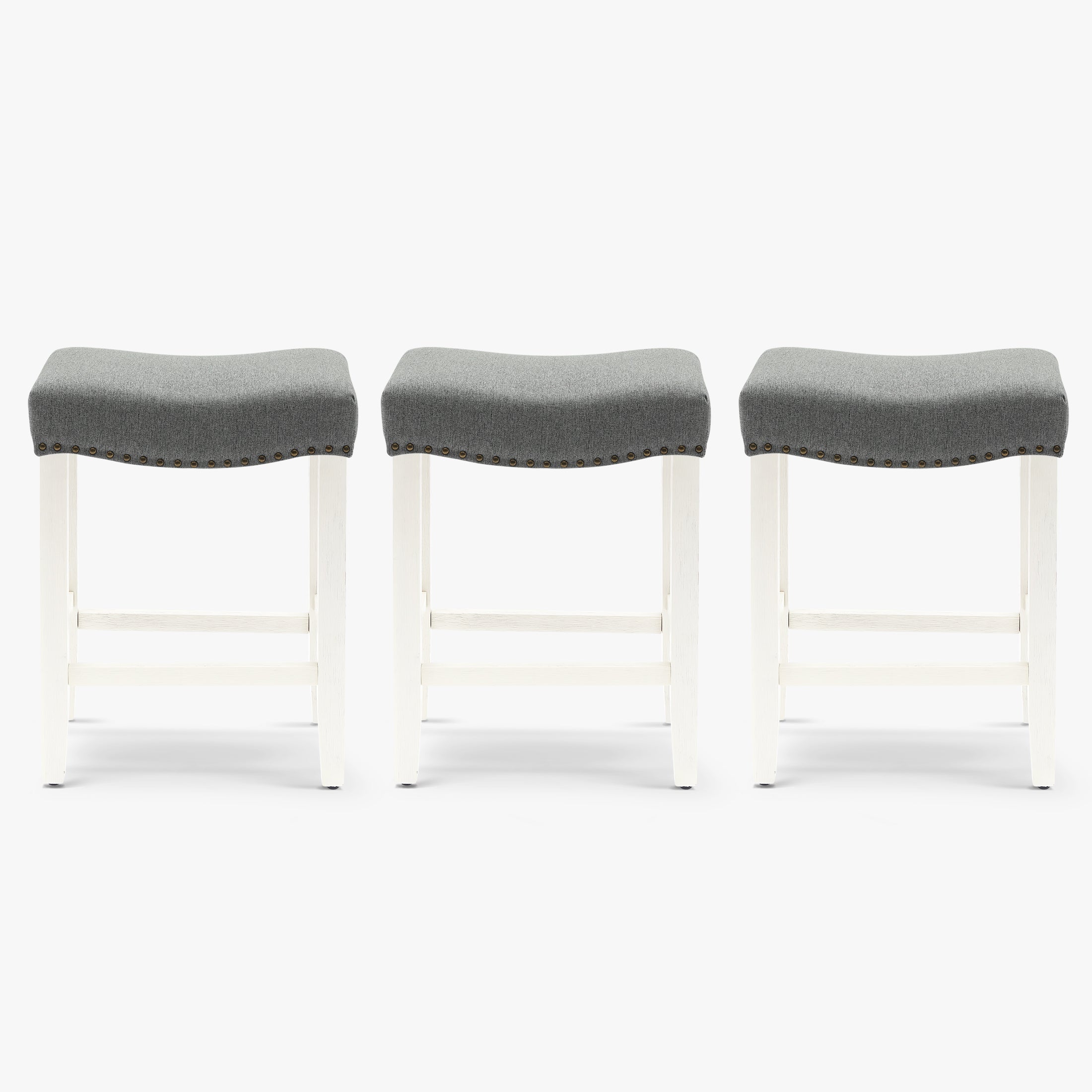 Bulmon 24" Upholstered Saddle Seat Antique White Counter Stool (Set of 3)