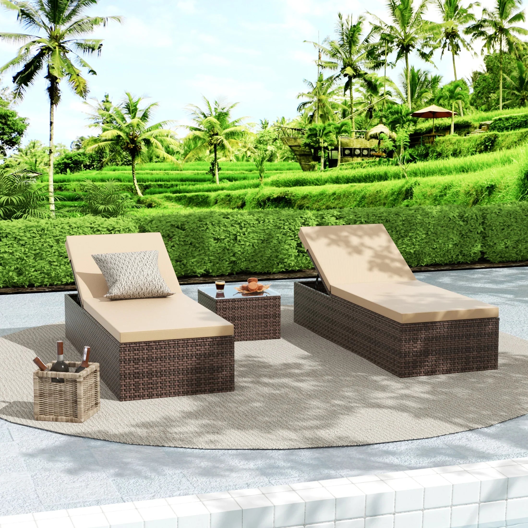 3-Piece Outdoor Wicker Chaise Lounge Set with Side Table