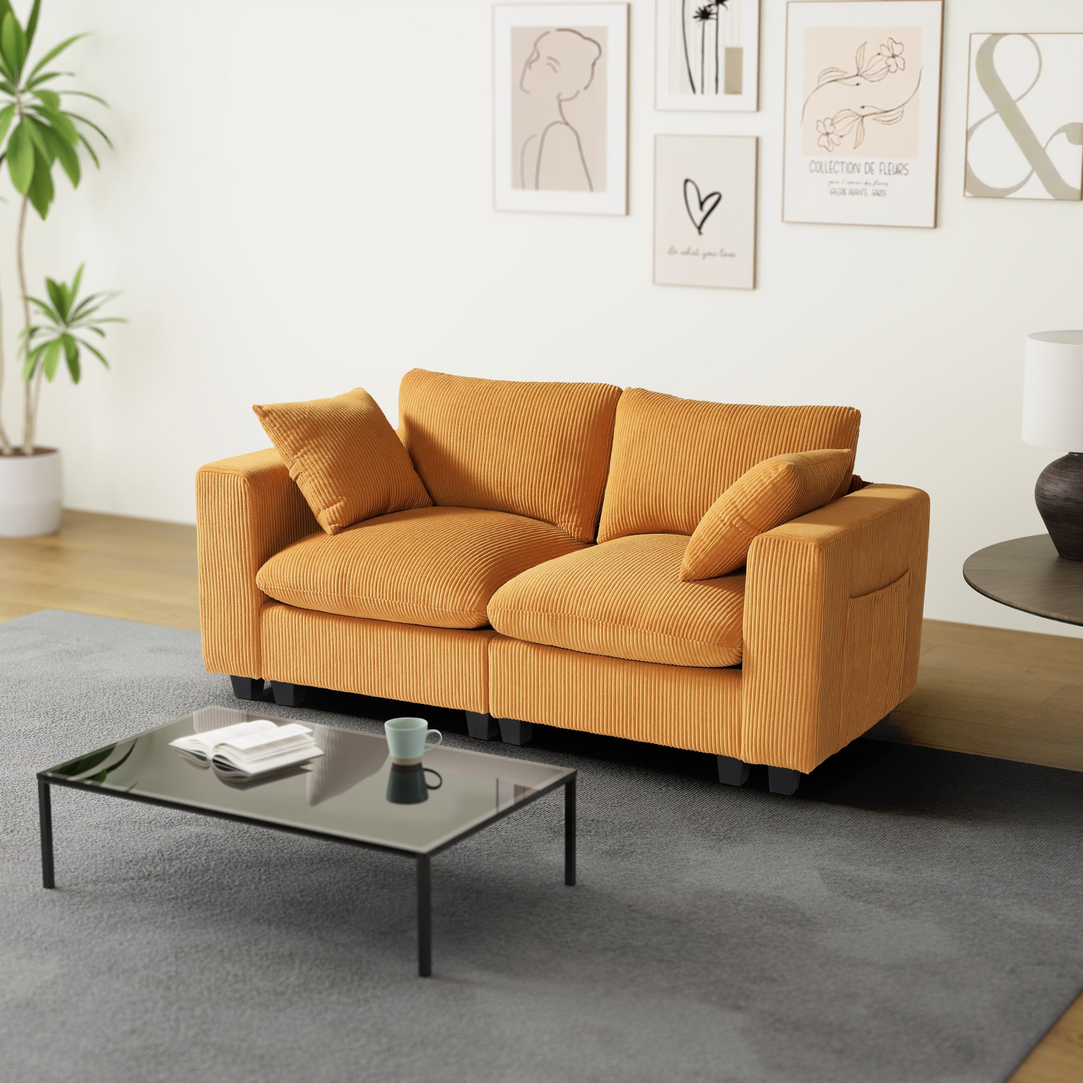 Ava 70" Modular Corduroy Loveseat Sofa With USB/Type-C Ports and Side Pockets