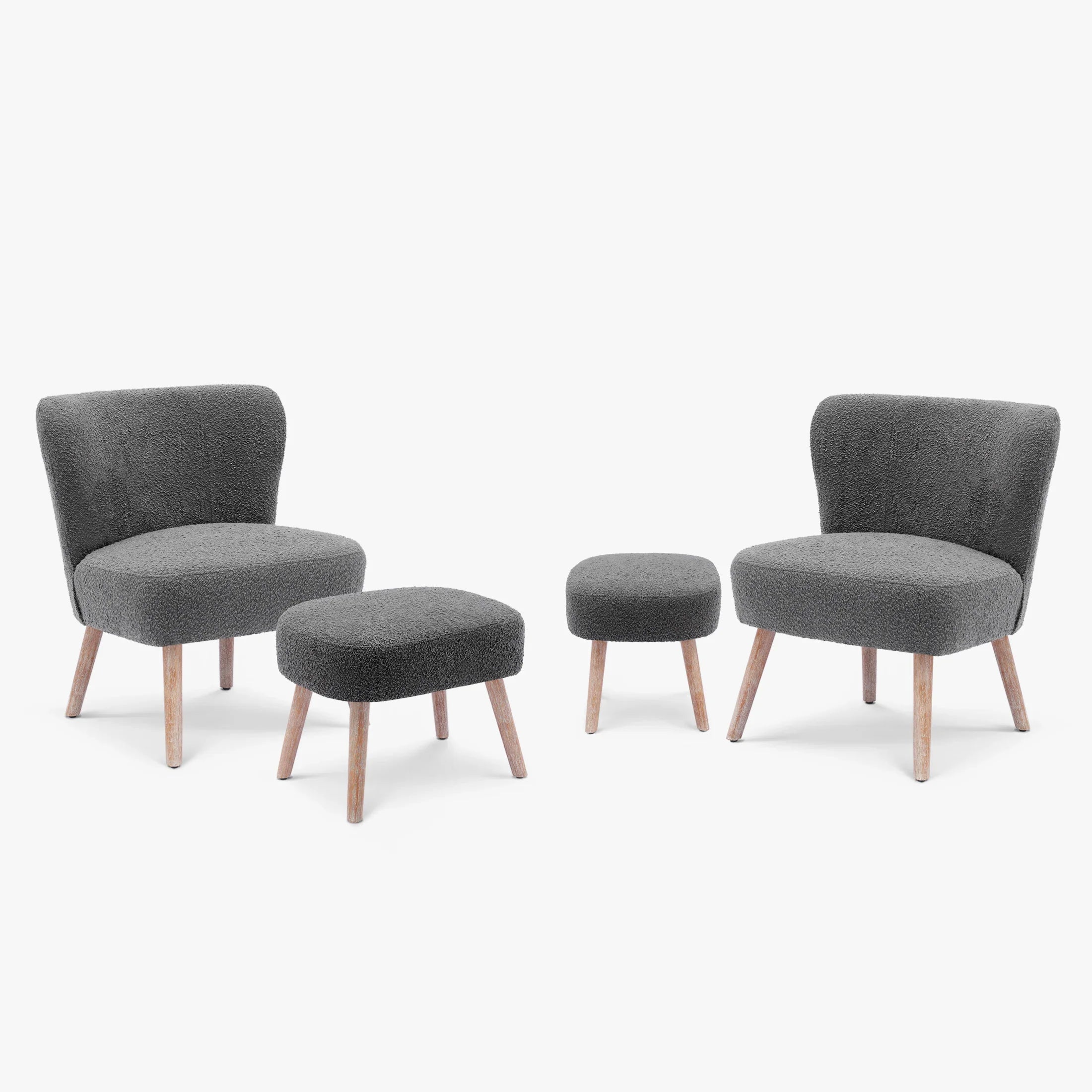 Amélie 4-Piece Set Mid-Century Boucle Accent Chairs with Ottoman Foot Stools