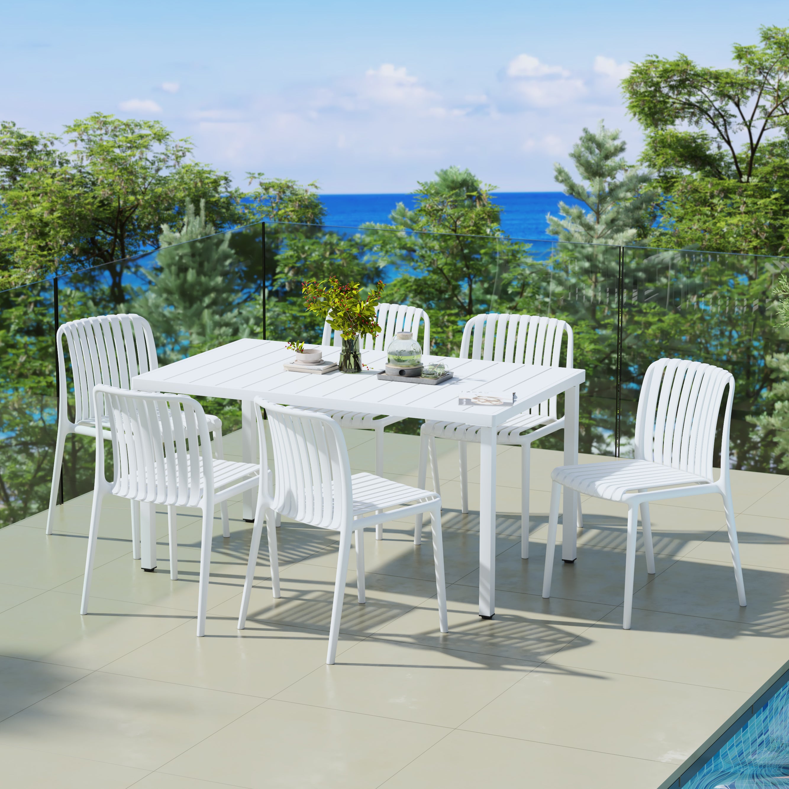 Sunshine 7-Piece Outdoor Patio Dining Table Set With Stackable Patio Chairs