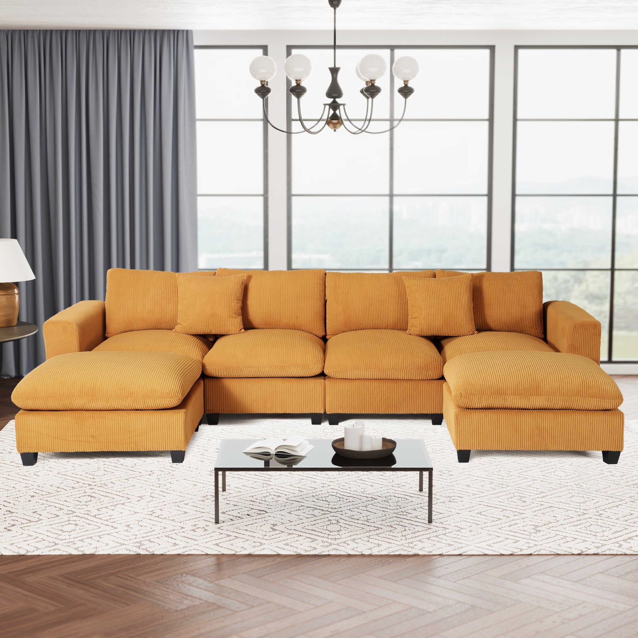 Ava 128" Corduroy Modular U-Shaped Sectional Couch and Chaise With USB/Type-C Ports and Side Pockets