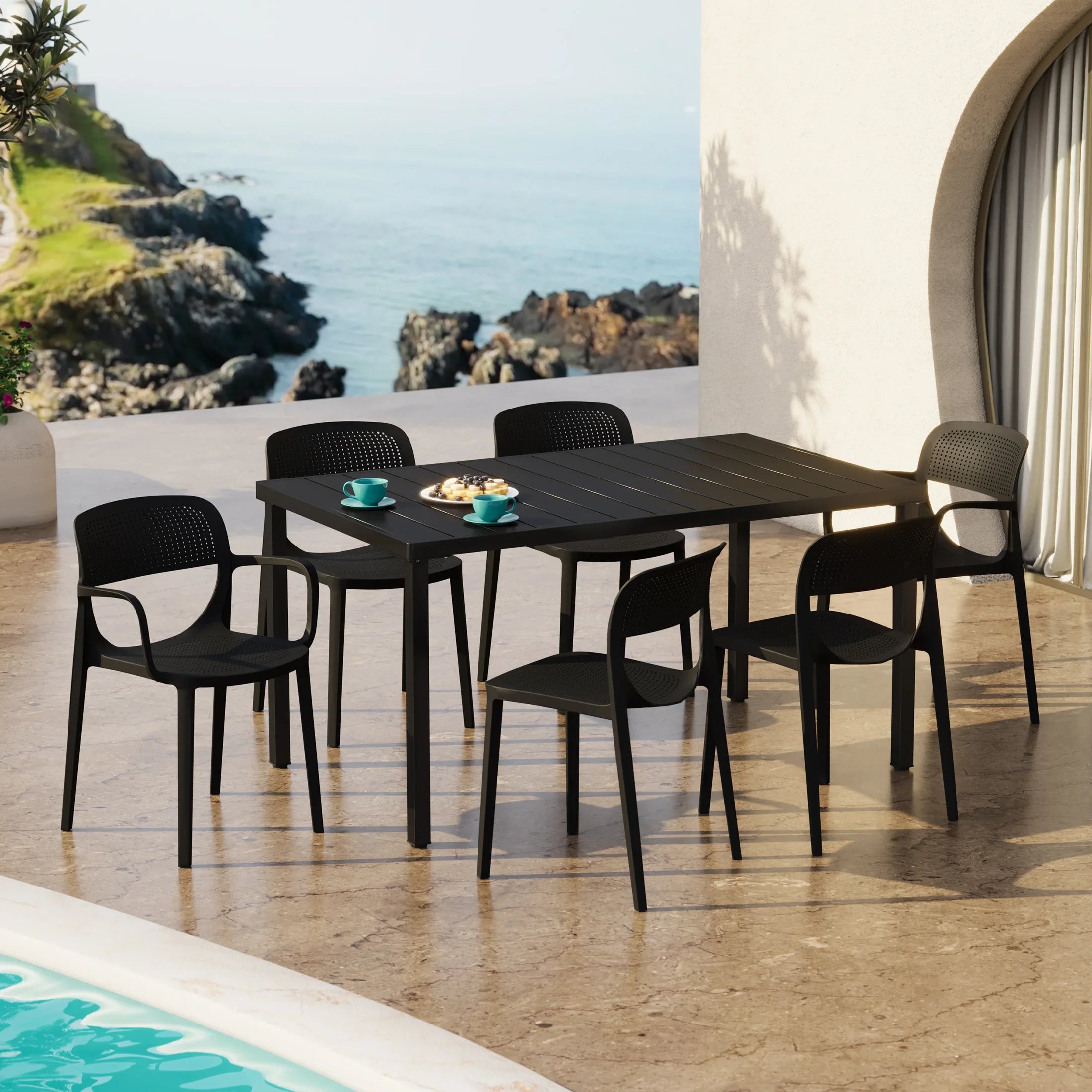 Sunshine 7-Piece Outdoor Rectangular Metal Patio Dining Table Set With Stackable Patio Dining Chairs