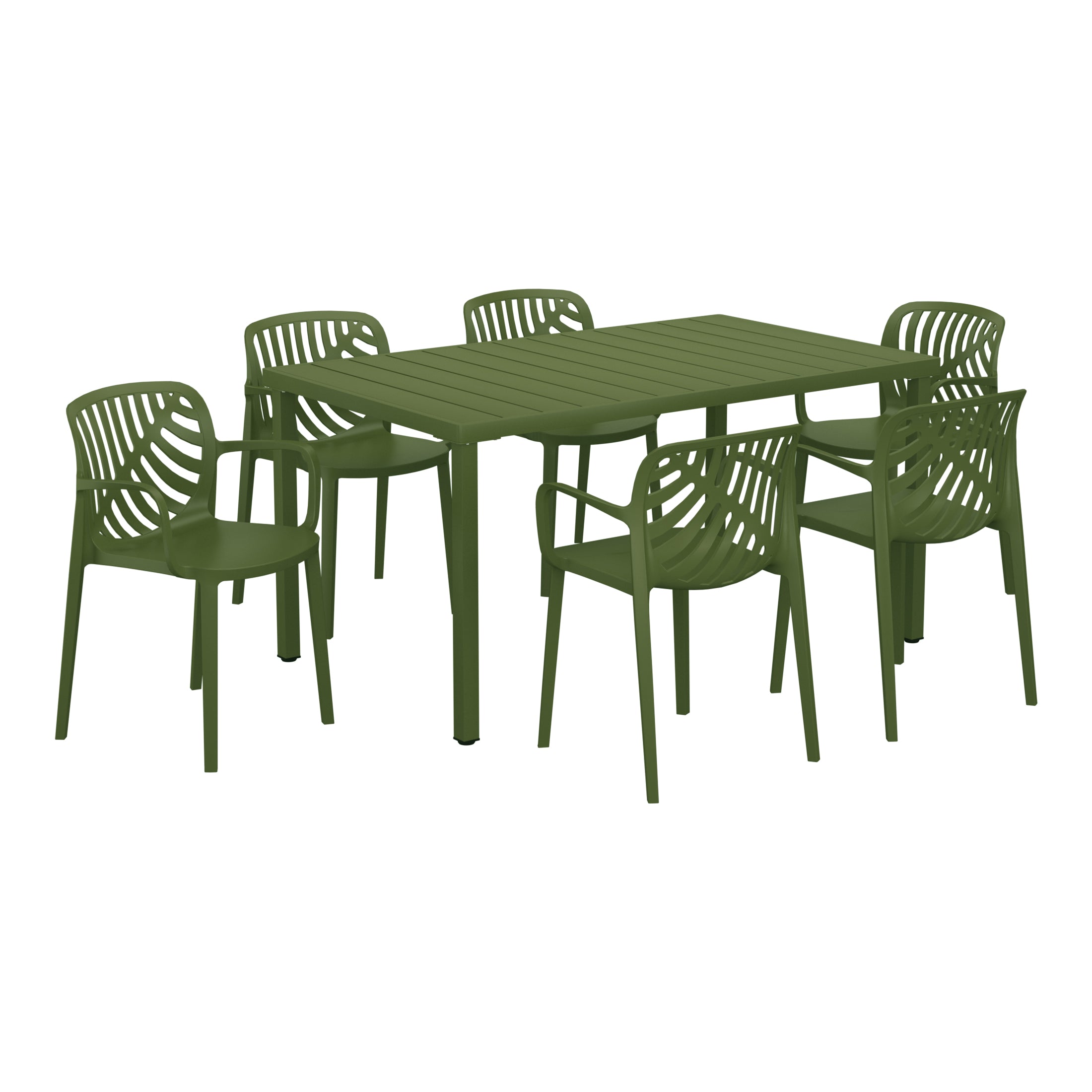 Sunshine 7-Piece Outdoor Metal Rectangle Patio Dining Table Set With Stackable Resin Patio Dining Chairs