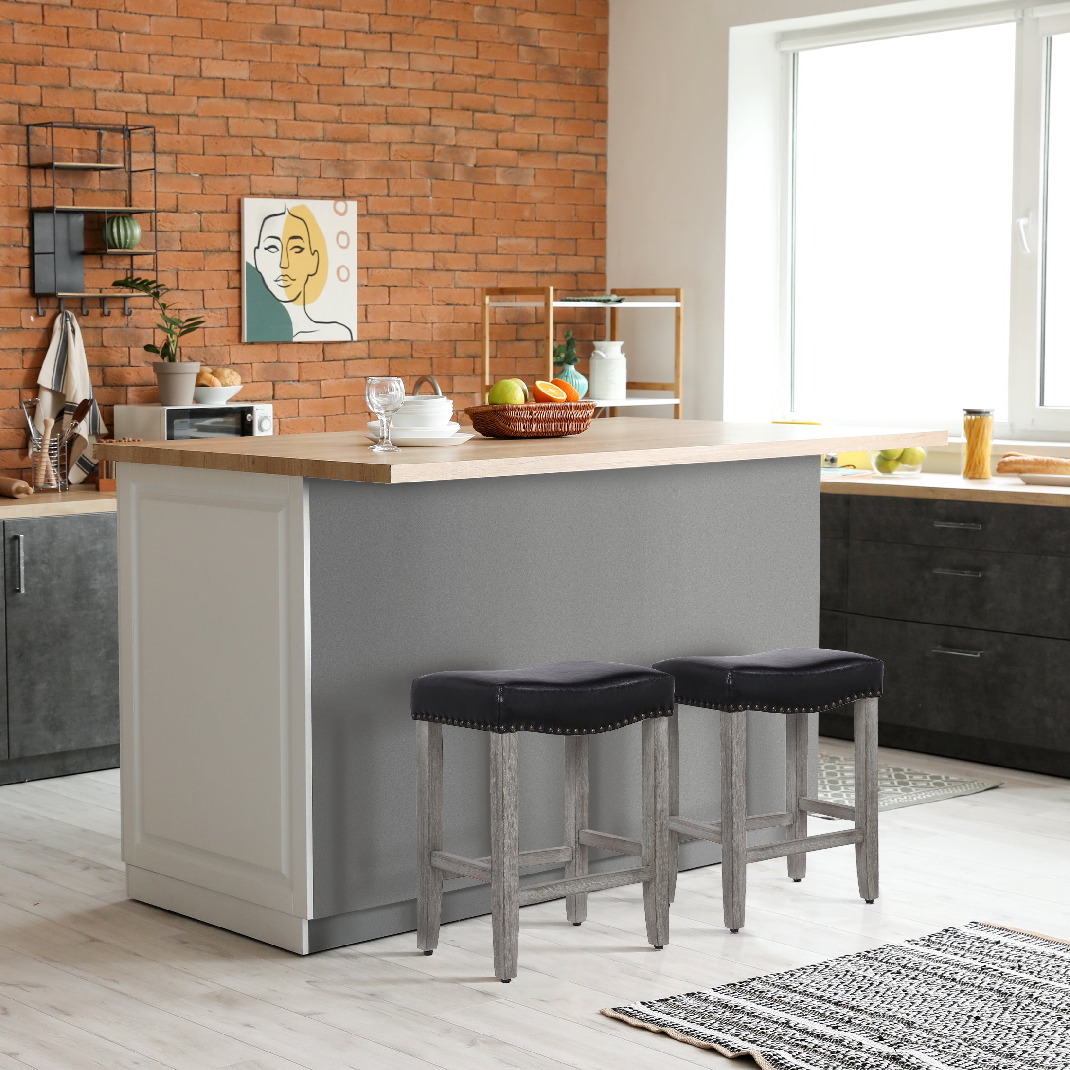 Bulmon 24" upholstered nail head bar counter stools with Gray color legs (2 piece set)