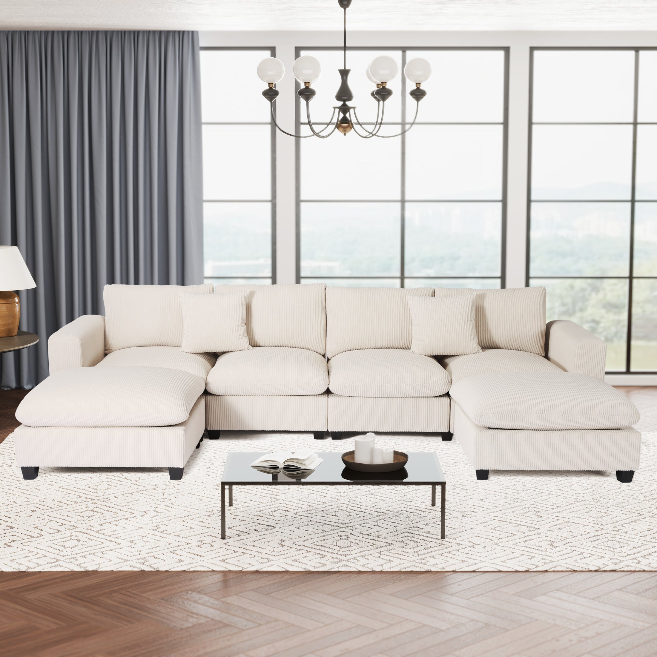 Ava 128" Corduroy Modular U-Shaped Sectional Couch and Chaise With USB/Type-C Ports and Side Pockets