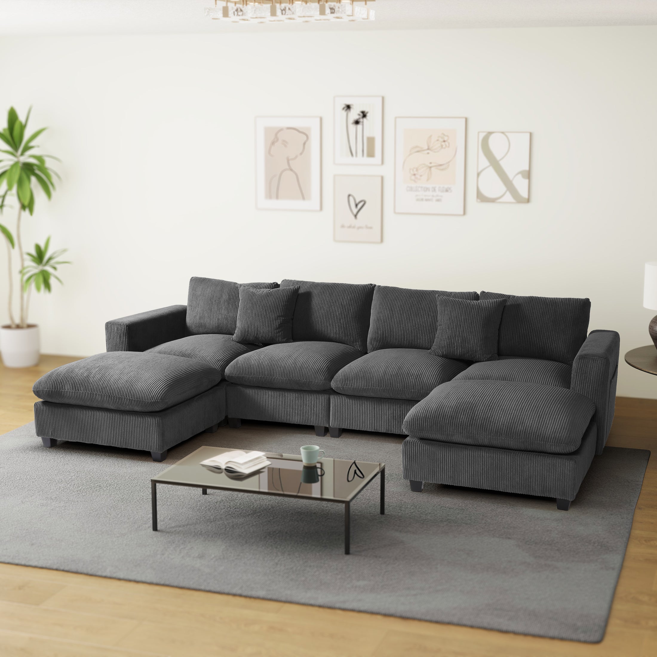Ava 128" Corduroy Modular U-Shaped Sectional Couch and Chaise With USB/Type-C Ports and Side Pockets