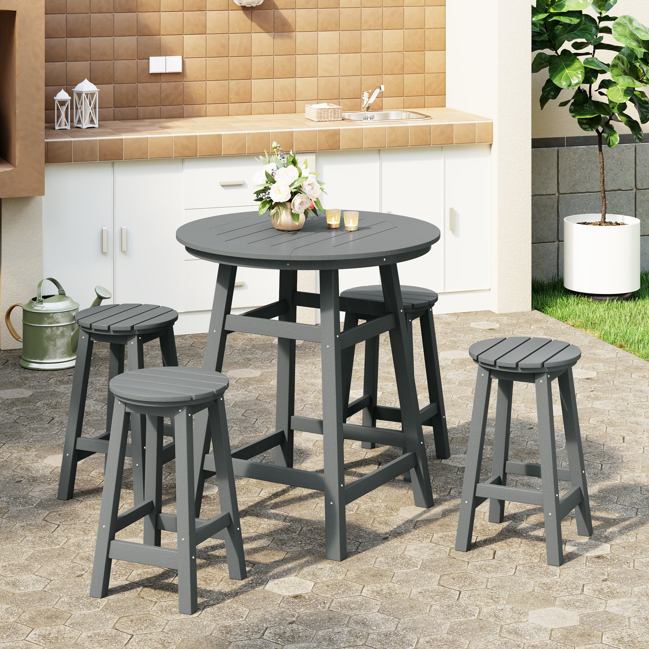 Paradise 5-Piece HDPE Outdoor Patio Dining Bar Bistro Table Set with Counter High Round Bar Stools