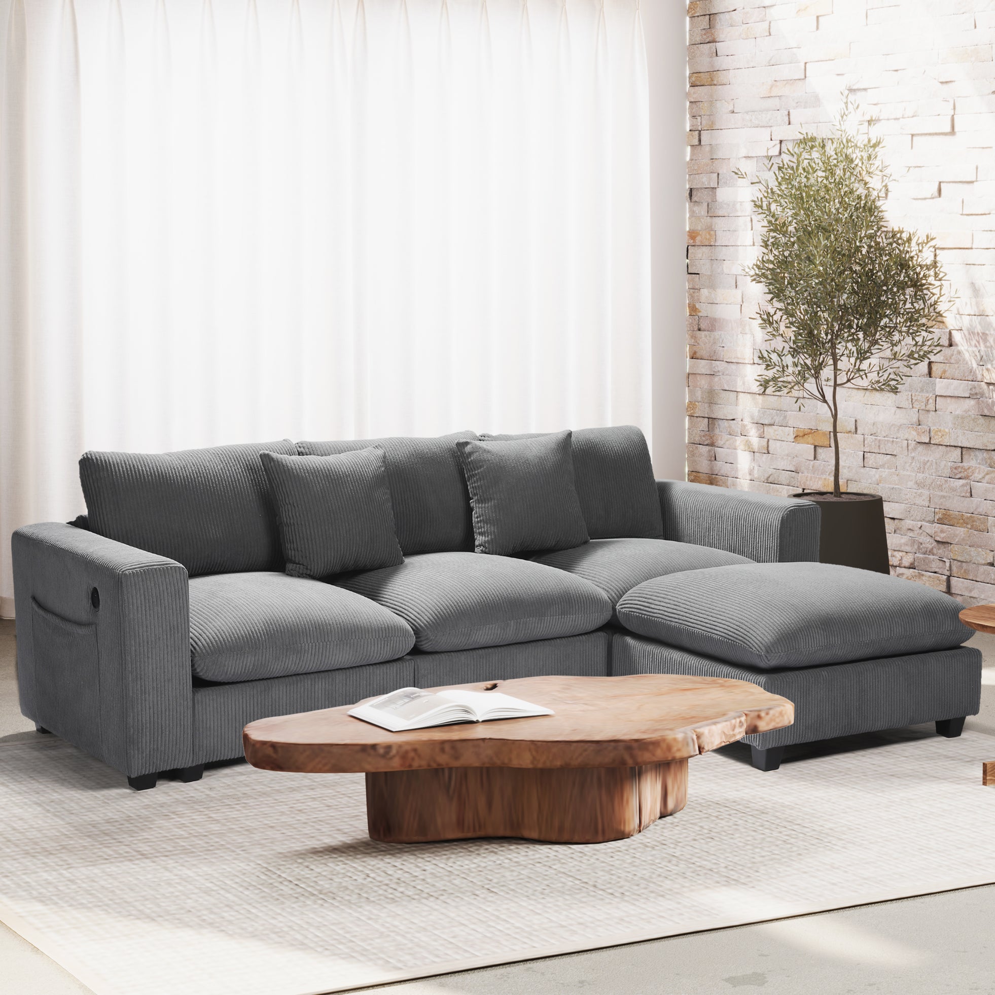 Ava 99" Modular Corduroy L-Shaped Sectional Sofa and Chaise With USB/Type-C Ports and Side Pockets