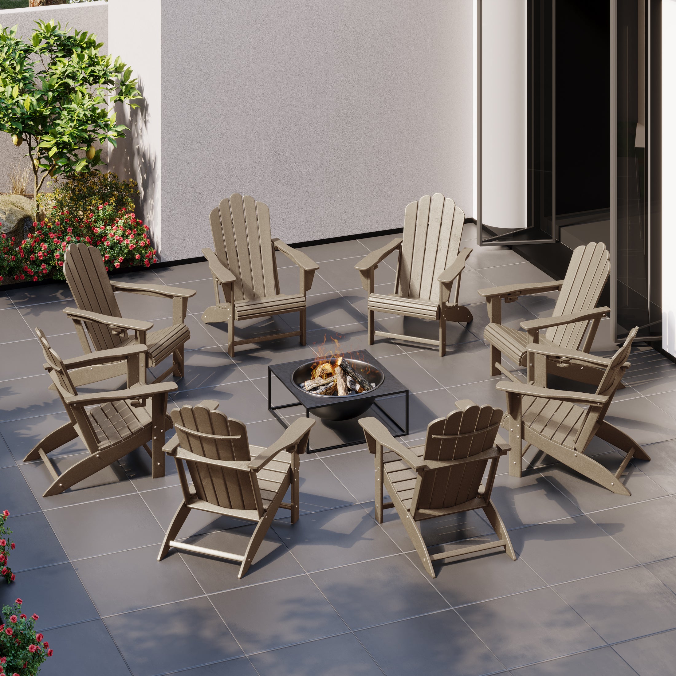 Lakeview Outdoor Patio HDPE Adirondack Chairs With Cup Holders (Set of 8)