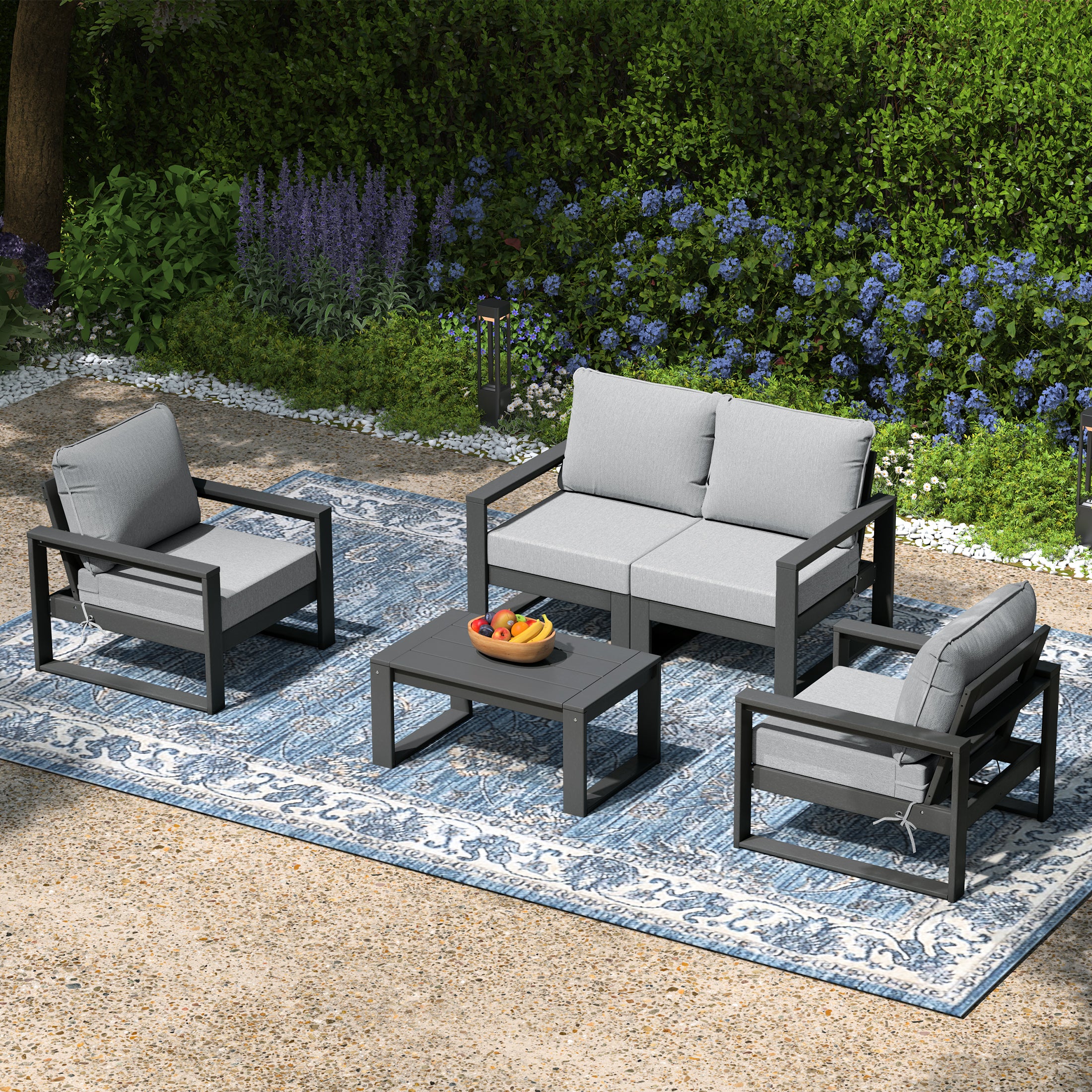 Rockaway 5-Piece Modern HDPE Outdoor Patio Furniture Sofa Conversation Set with Coffee Table