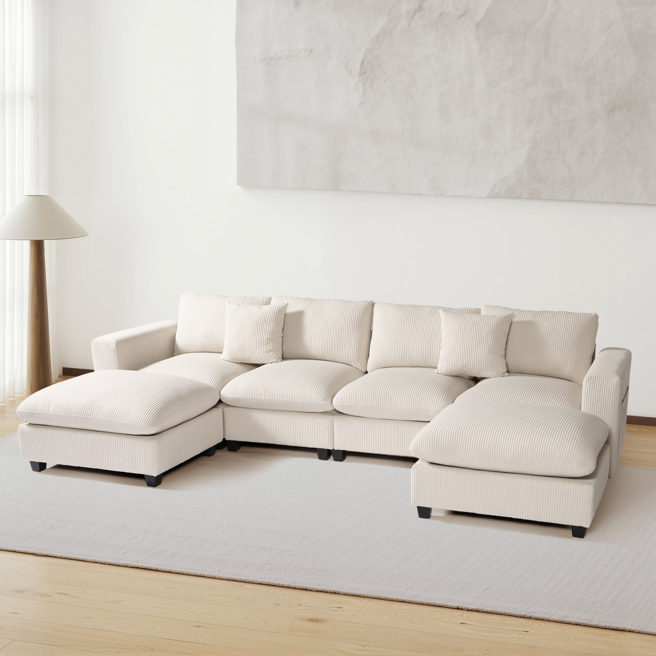 Ava 128" Corduroy Modular U-Shaped Sectional Couch and Chaise With USB/Type-C Ports and Side Pockets