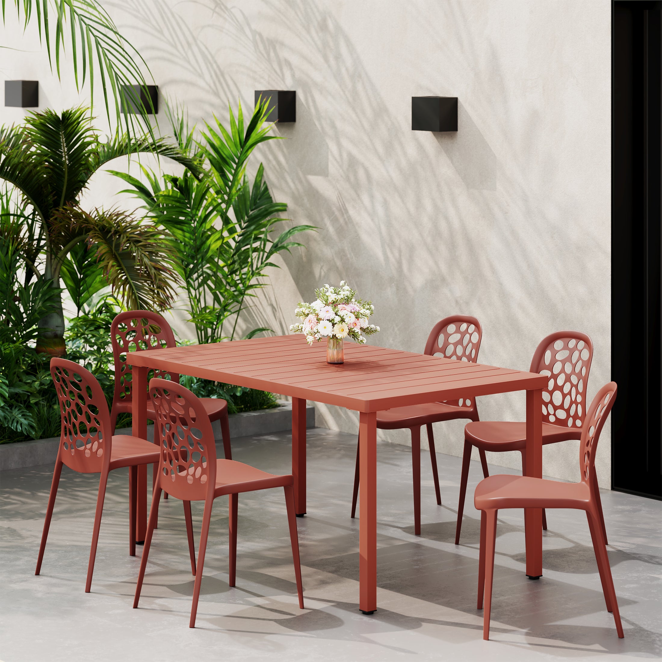 Sunshine 7-Piece Outdoor Metal Rectangle Patio Dining Table Set With Stackable Patio Dining Side Chairs