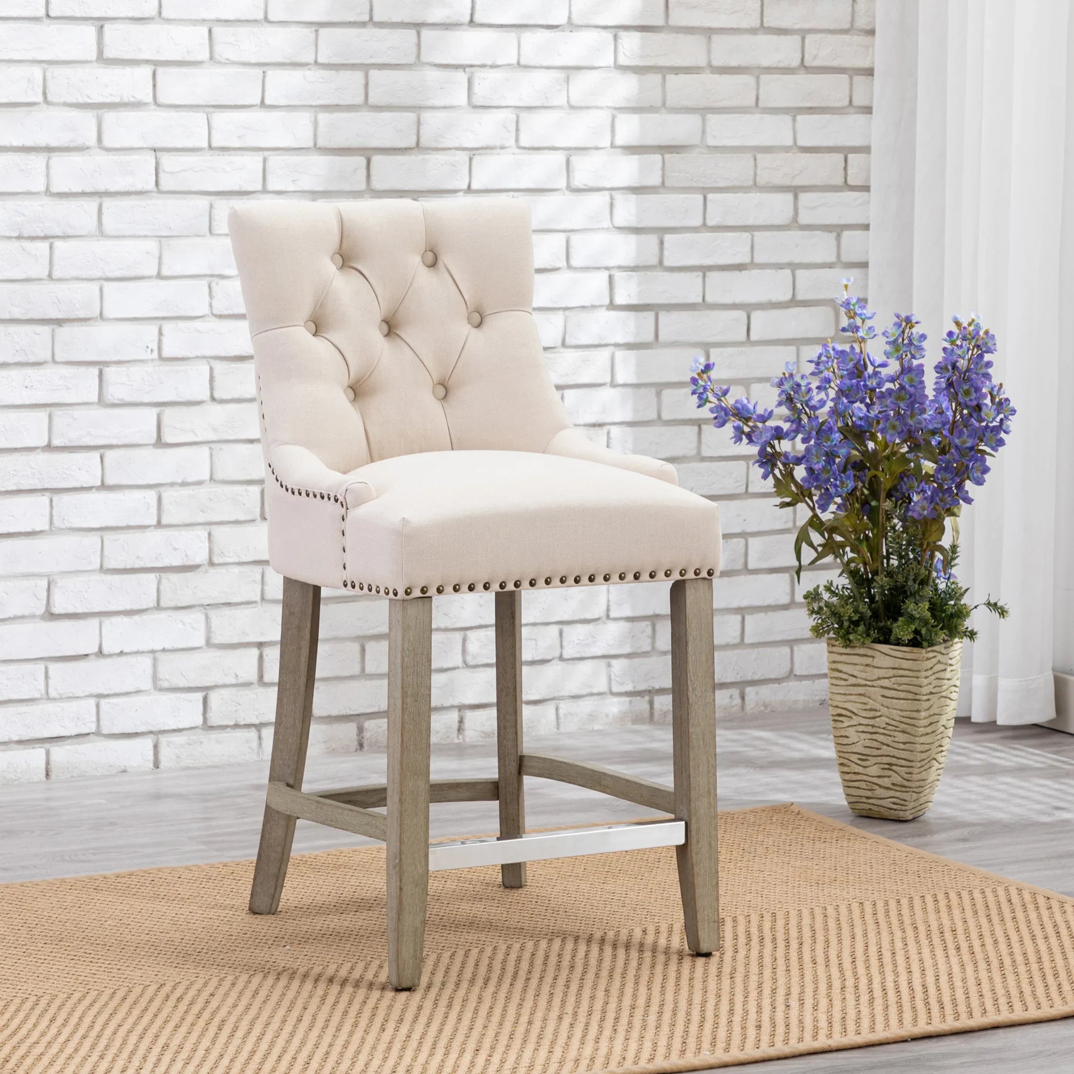 Bellmount 24" Upholstered Wood Bar Stool with Tufted Back