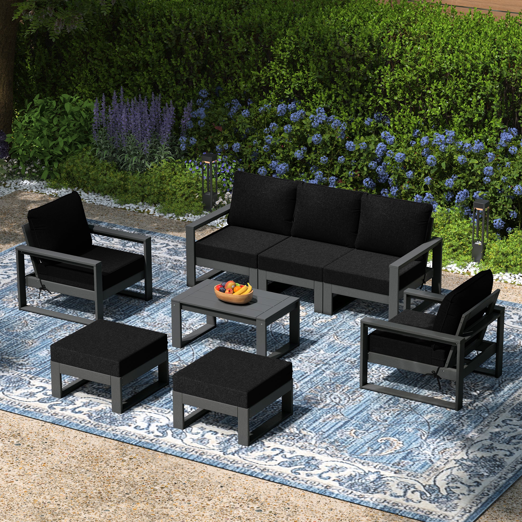 Rockaway 8-Piece Modern HDPE Outdoor Patio Furniture Conversation Set with Coffee Table and Ottomans