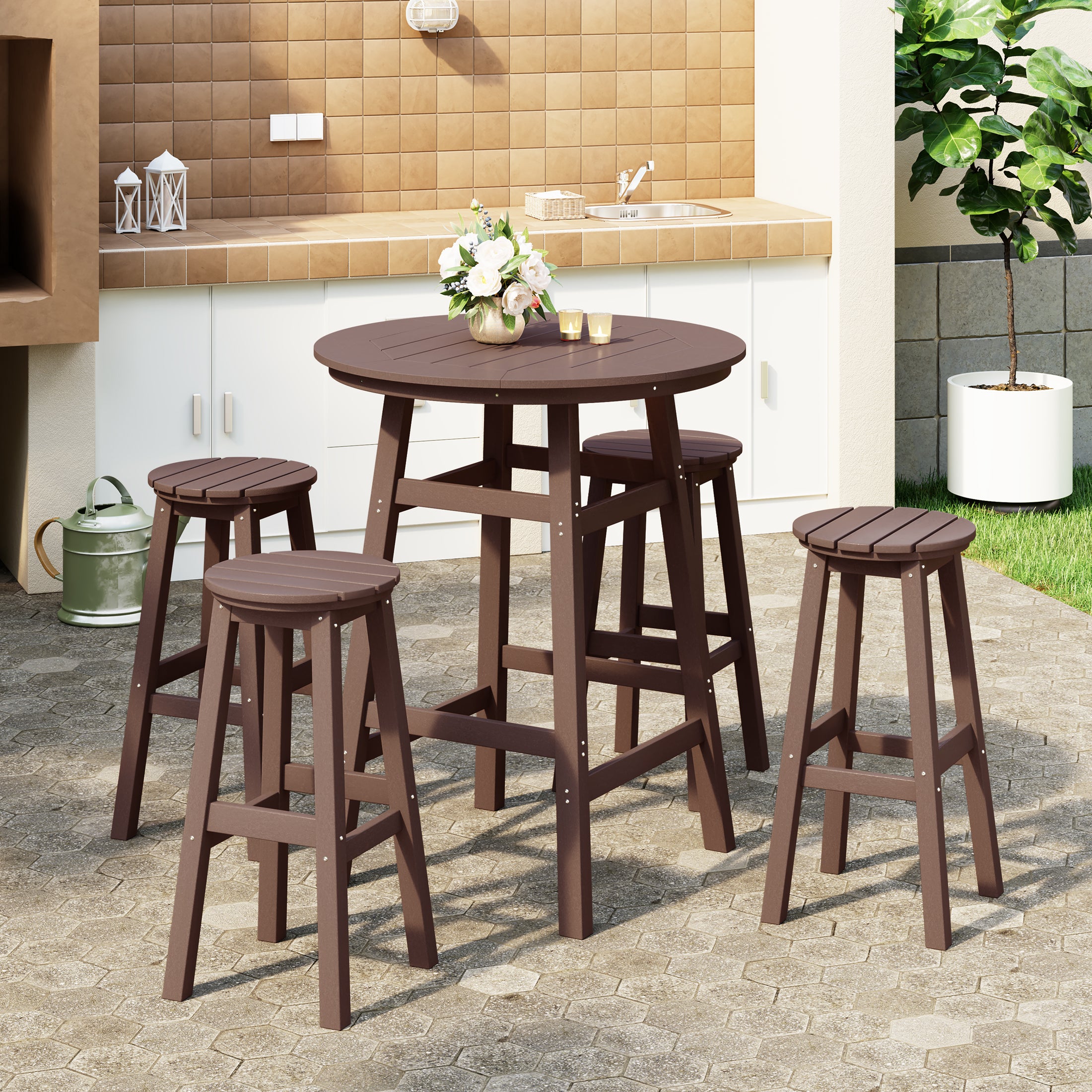 Paradise 5-Piece HDPE Outdoor Patio Dining Bar Bistro Table Set with Bar Stools