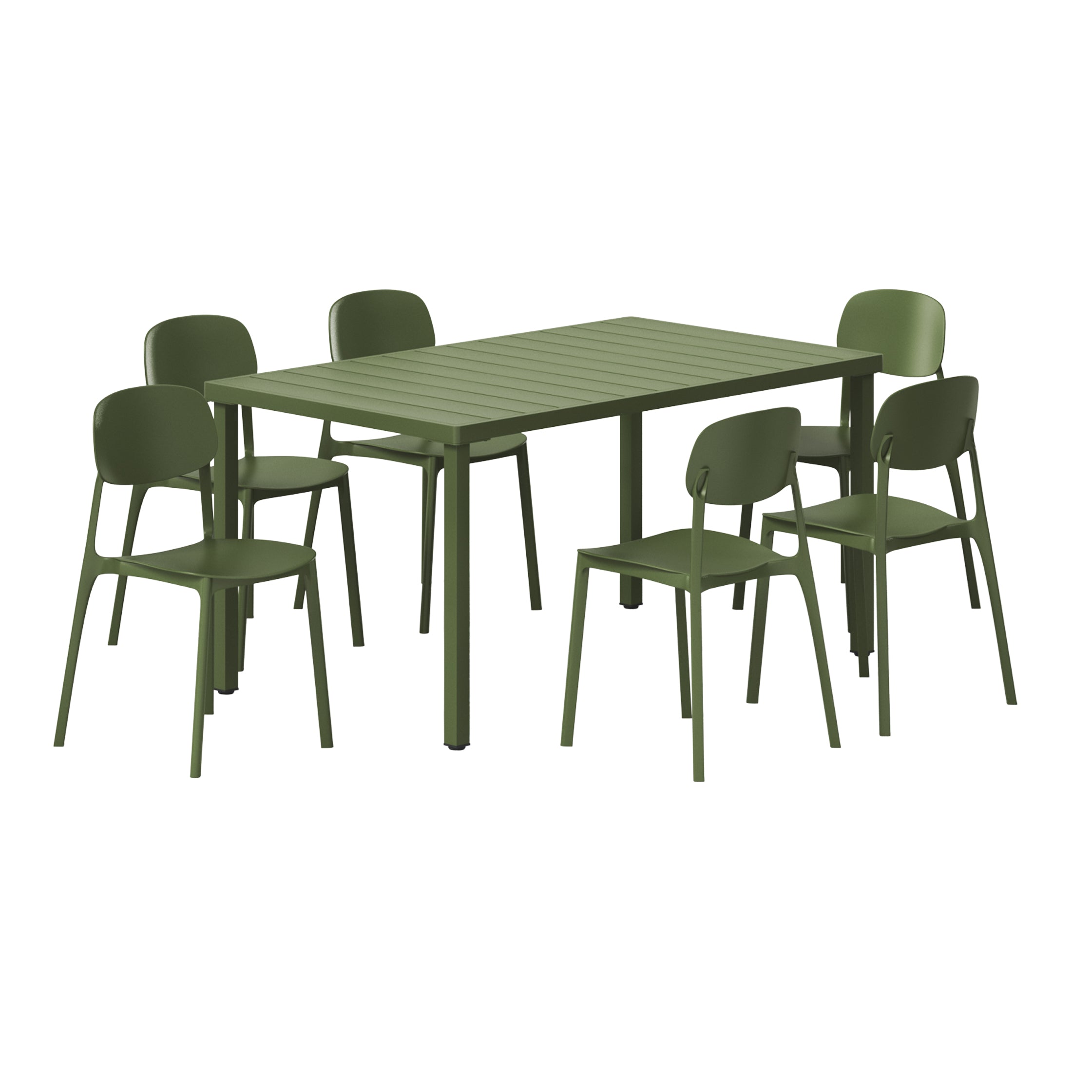 Sunshine 7-Piece Outdoor Rectangular Metal Patio Dining Table Set With Mid-Century Modern Stackable Patio Side Chairs