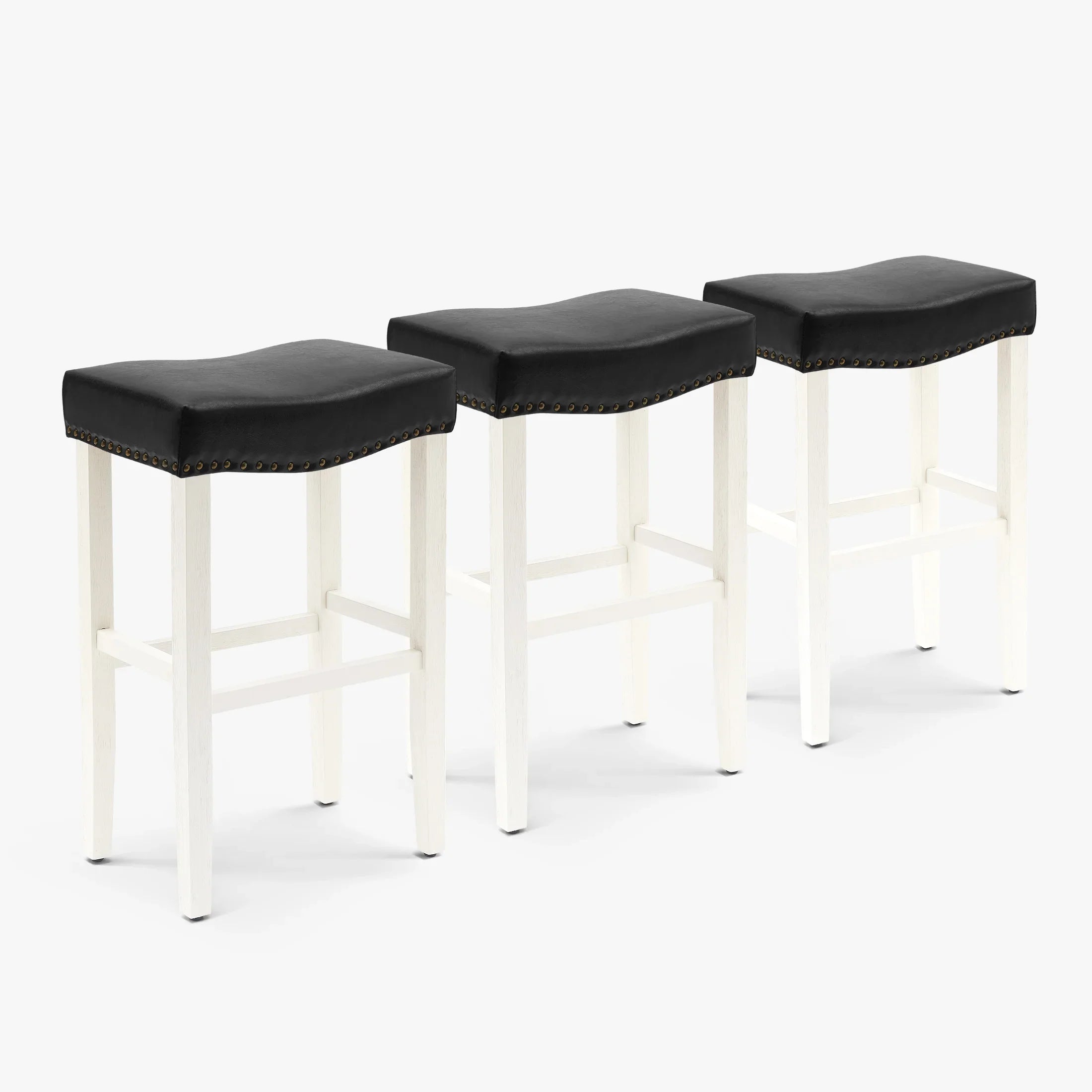 Bulmon 29" Upholstered Saddle Seat Antique White Bar Stool (Set of 3)