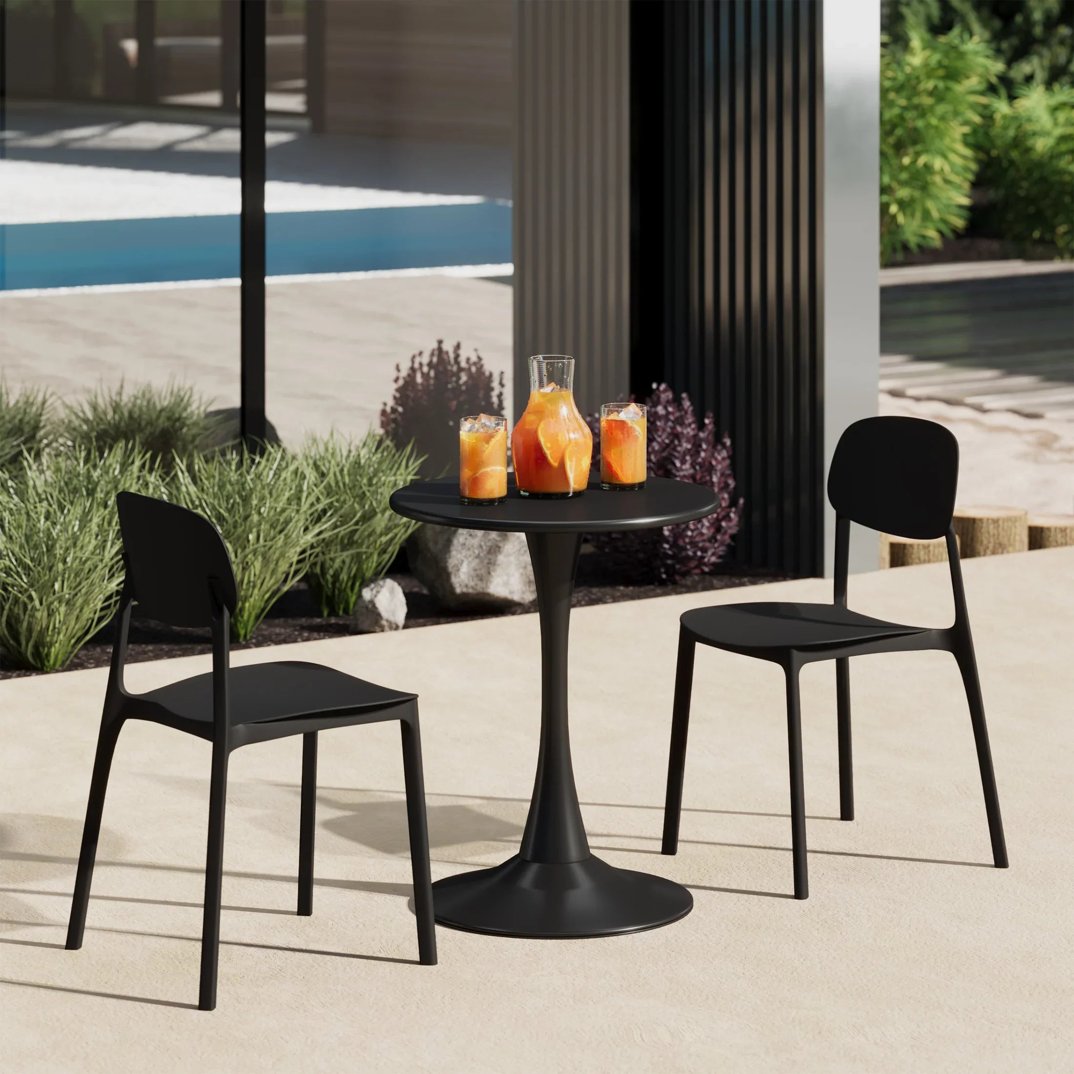 Sunshine 3-Piece Outdoor Round Metal Patio Dining Table Set With Stackable Resin Patio Side Chairs