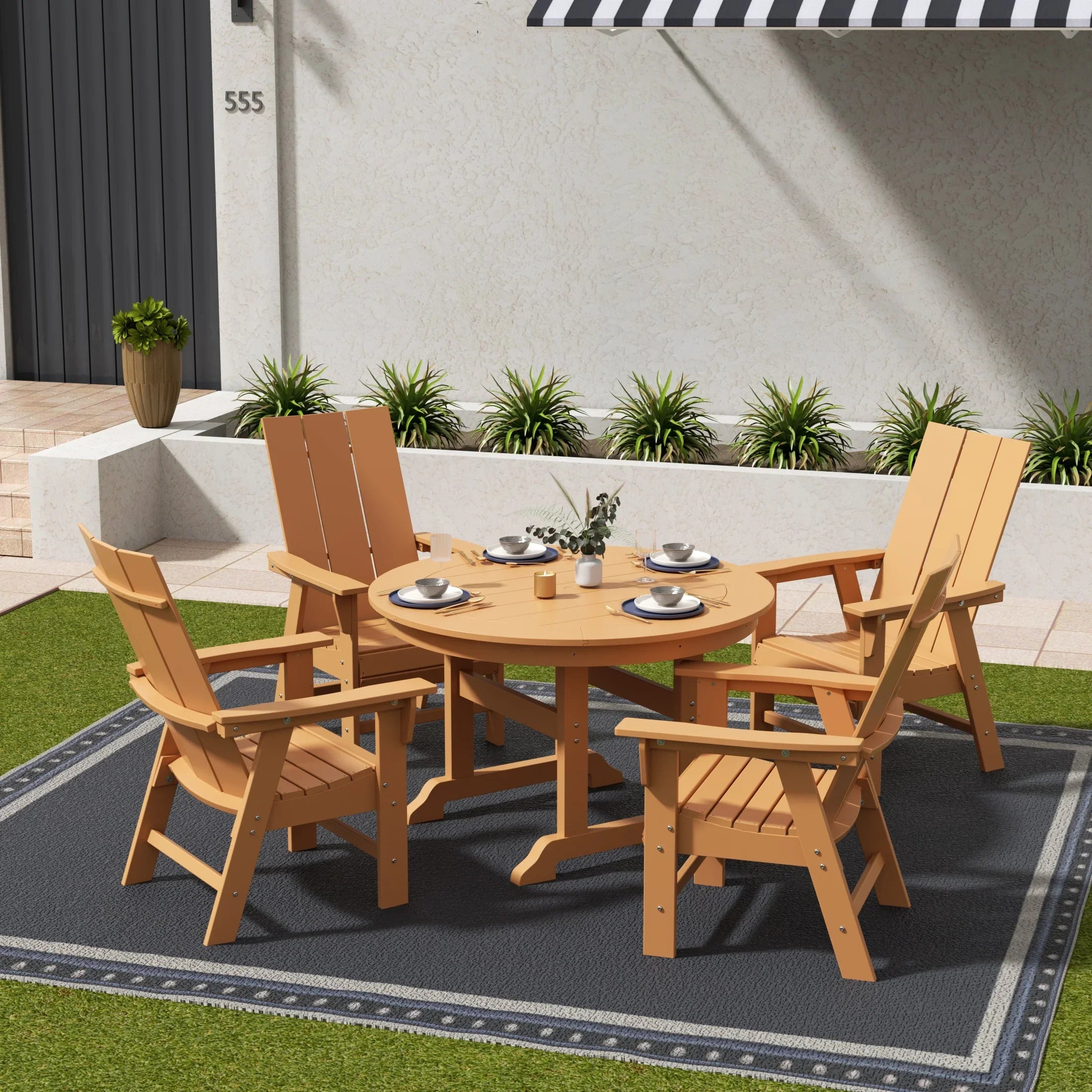 Palms 5 Piece Outdoor Patio Dining Round Table and Modern Armchair Set