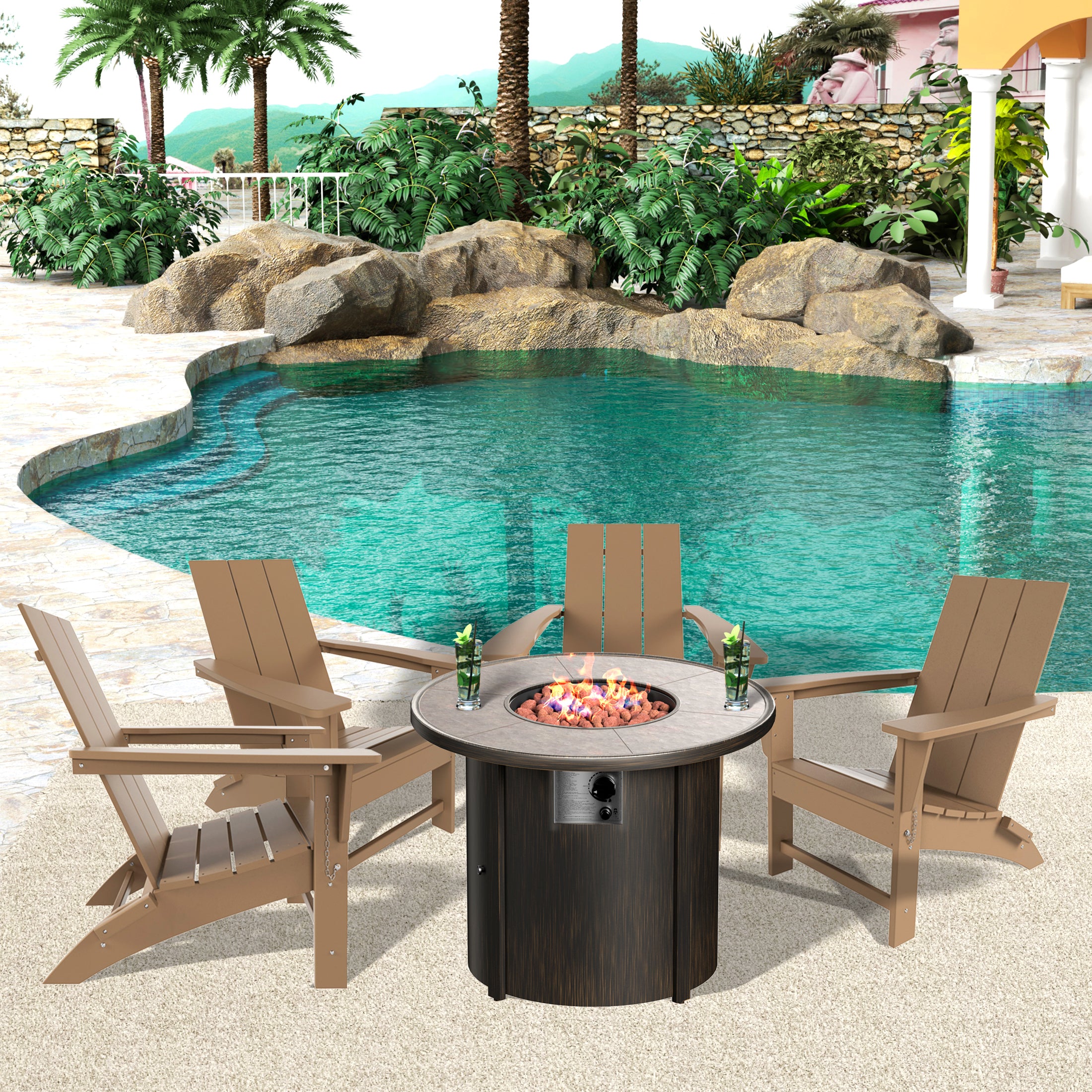 Palms Modern Folding Poly Adirondack Chair With Round Fire Pit Table