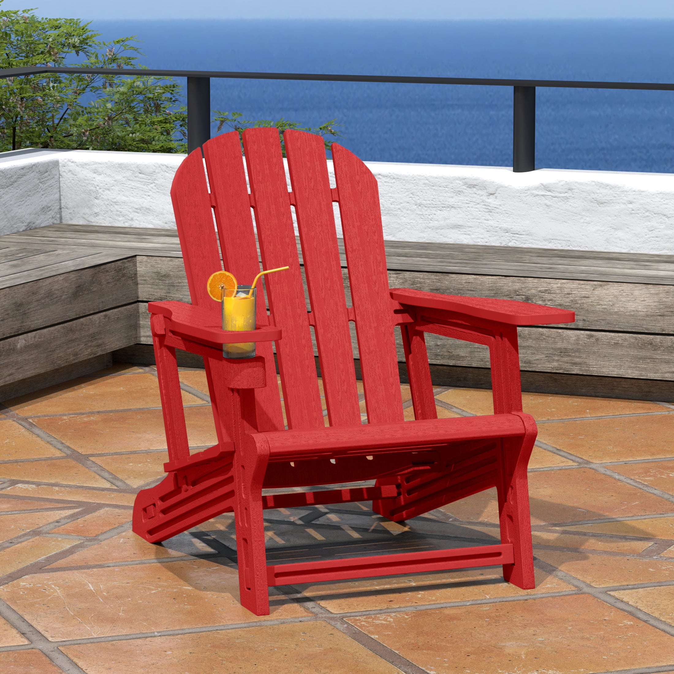 Cayman Tool-Free Assembly Outdoor Patio HDPE Plastic Adirondack Chair with Cup Holder