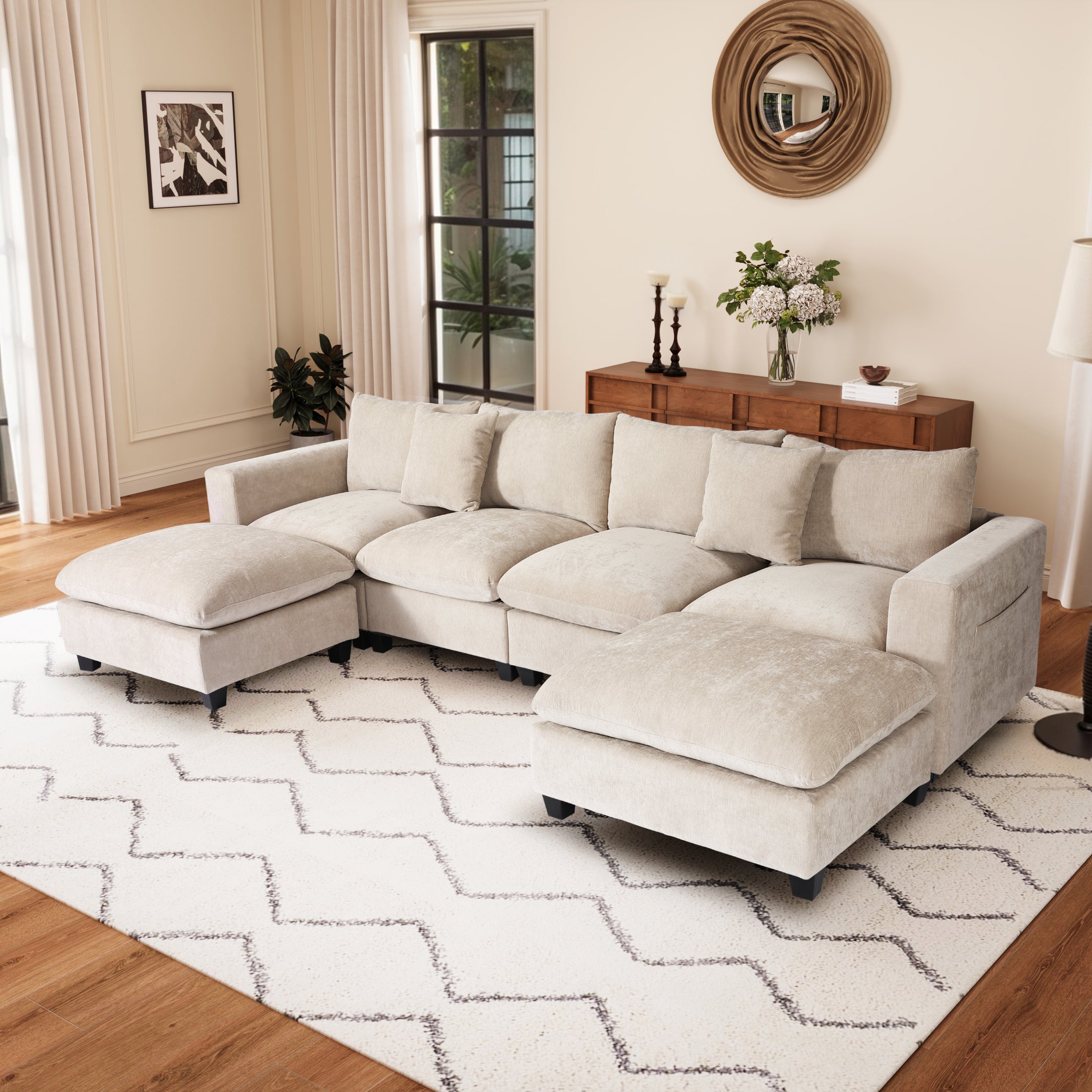 Springfield 128" Chenille Modular U-Shaped Sectional Couch and Chaise With USB/Type-C Ports and Side Pockets
