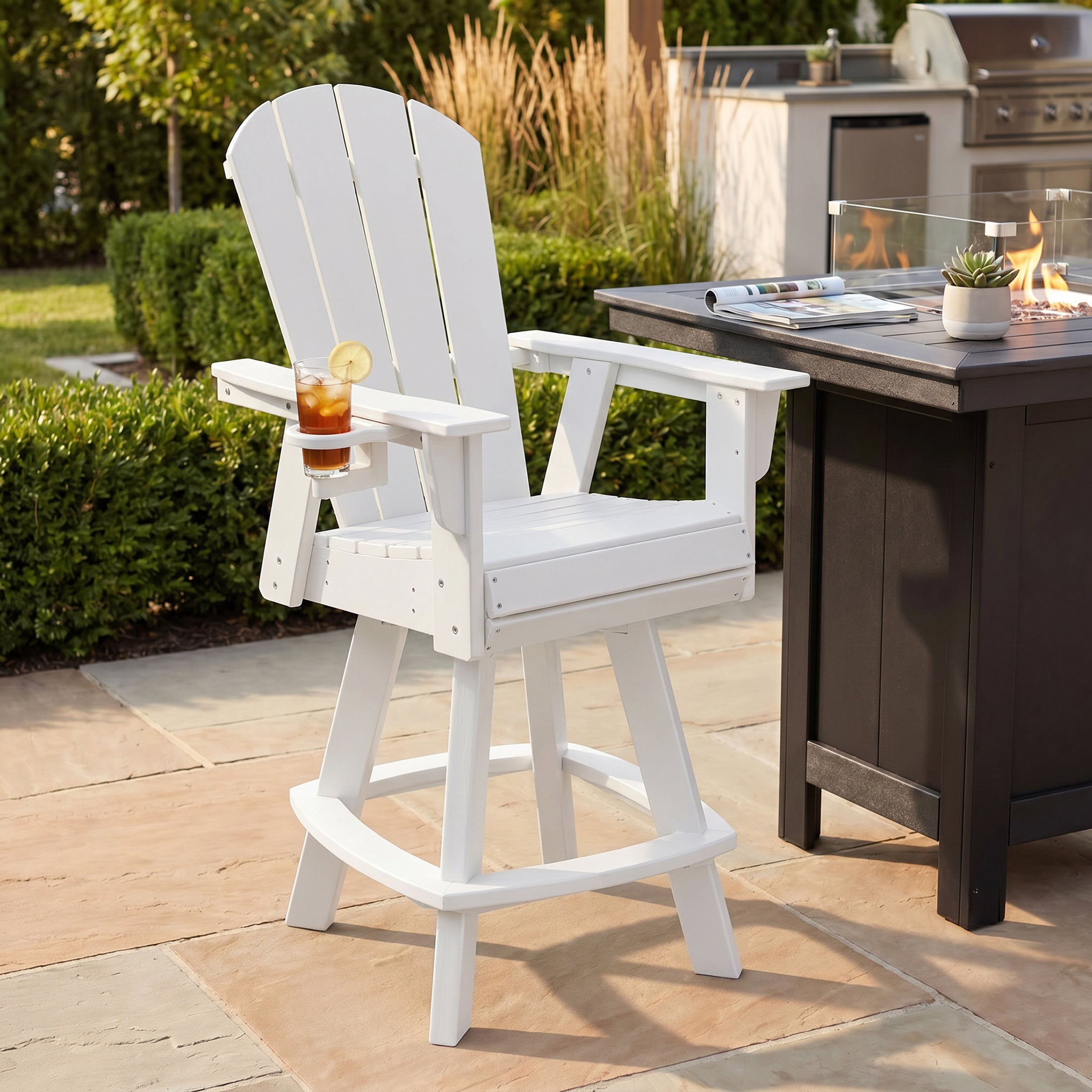 Paradise Outdoor HDPE Swivel Adirondack Bar Height Chair With Cup Holder