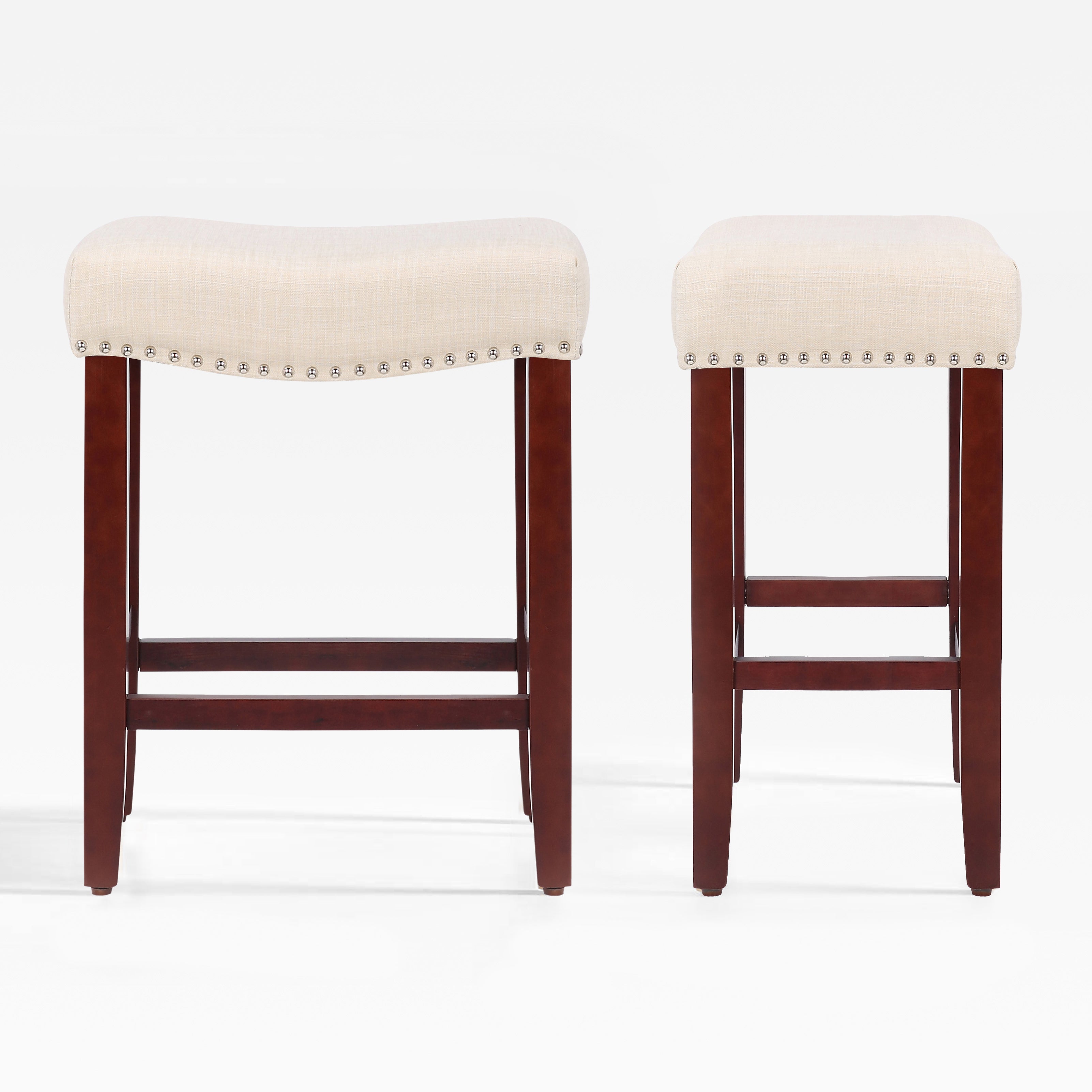 Bulmon 24" upholstered nail head bar counter stools with Cherry Red color legs (2 piece set)