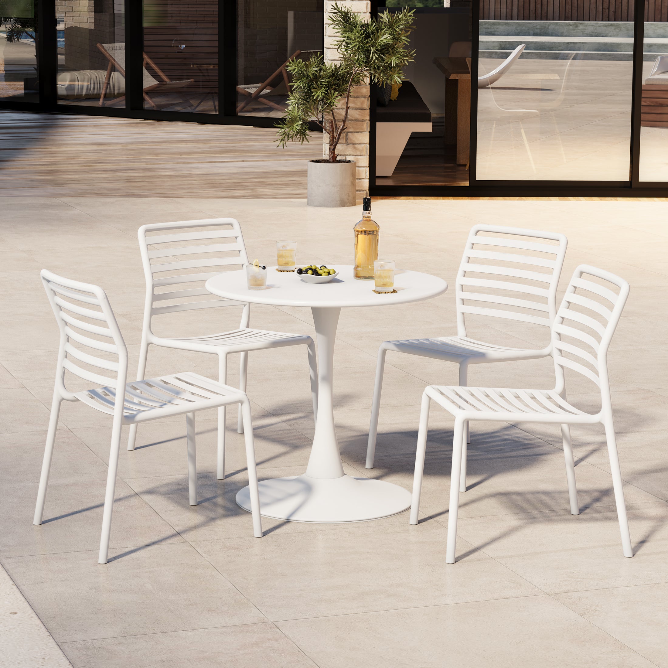 Sunshine 5-Piece Outdoor Indoor Metal Patio Dining Table Set With Stackable Plastic Patio Side Chairs