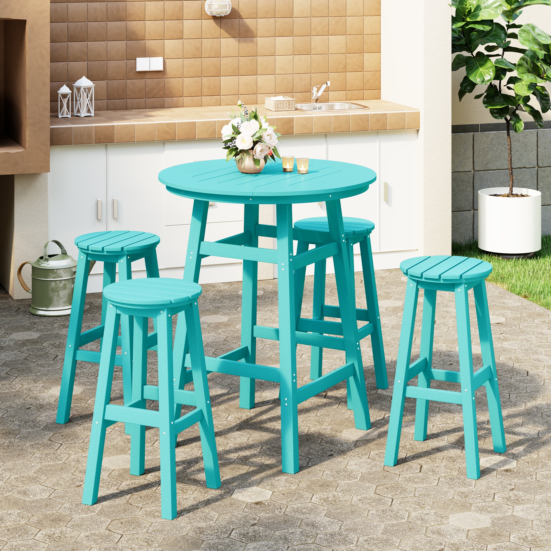 Paradise 5-Piece HDPE Outdoor Patio Dining Bar Bistro Table Set with Bar Stools
