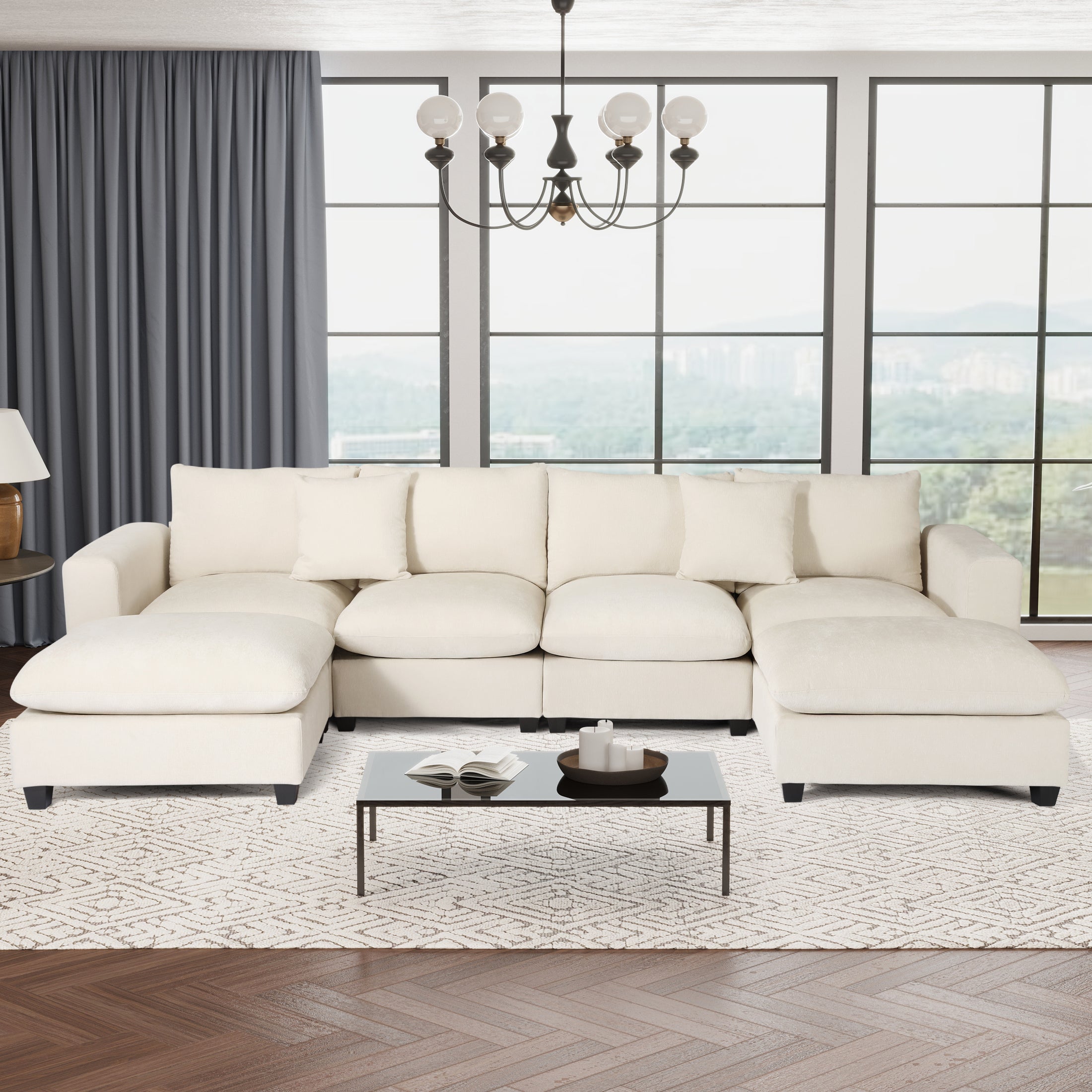 Springfield 128" Chenille Modular U-Shaped Sectional Couch and Chaise With USB/Type-C Ports and Side Pockets