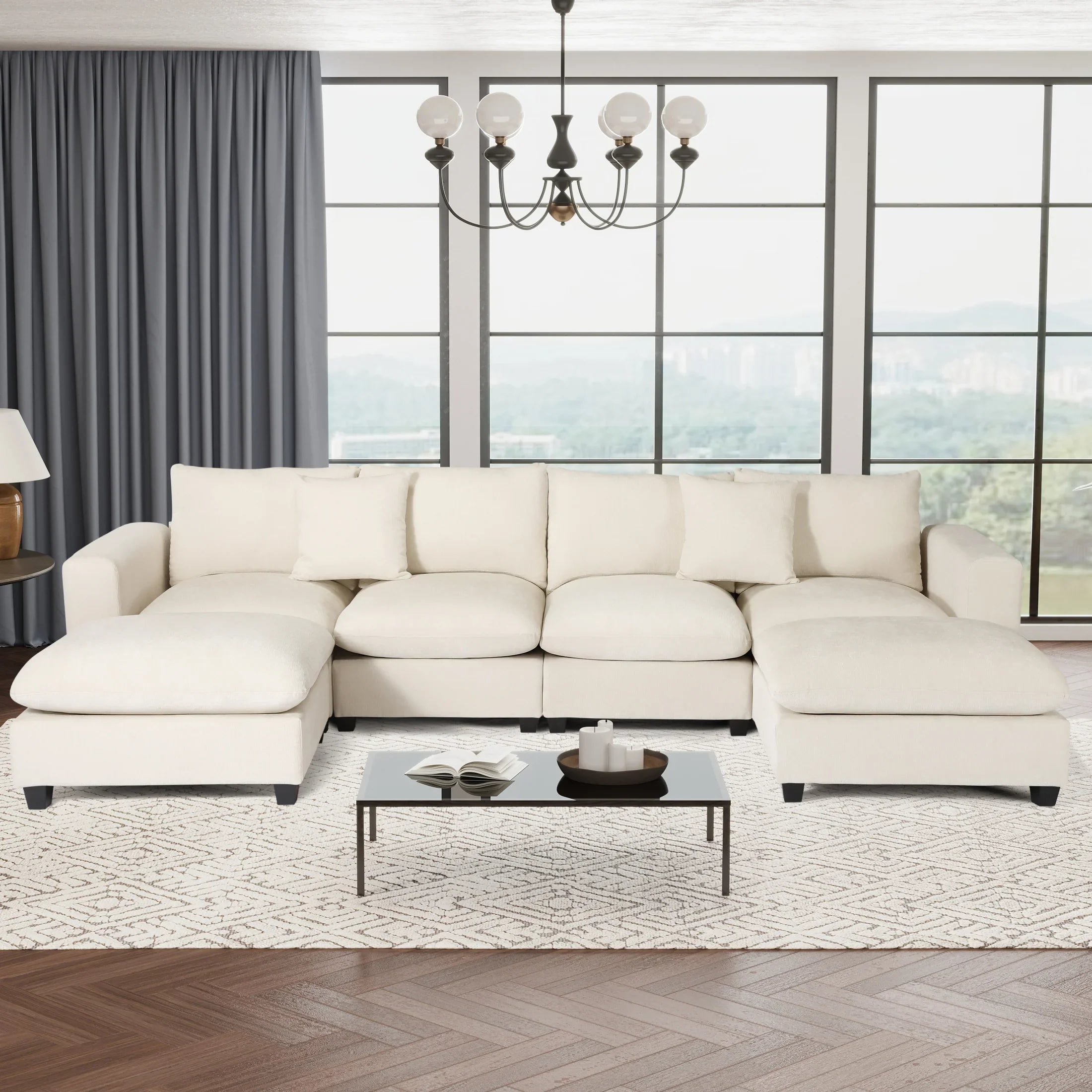 Springfield 128" Chenille Modular U-Shaped Sectional Couch and Chaise With USB/Type-C Ports and Side Pockets