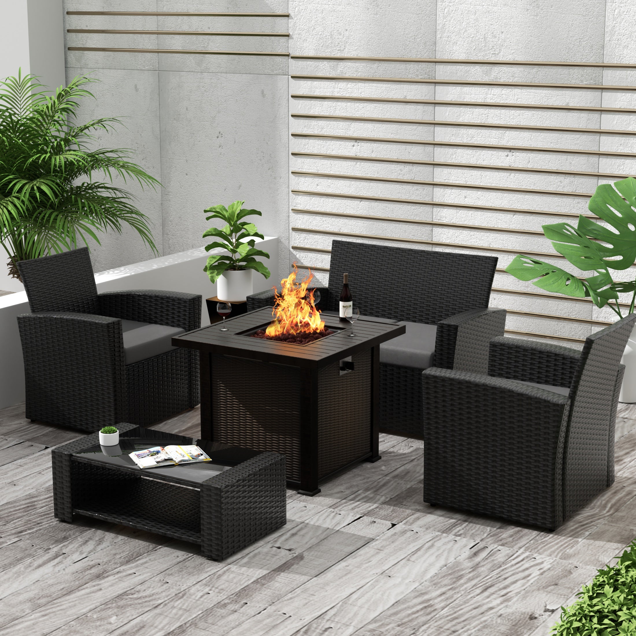 Wynston 4-Piece Conversation Outdoor Patio Sofa Set with Square Fire Pit Table