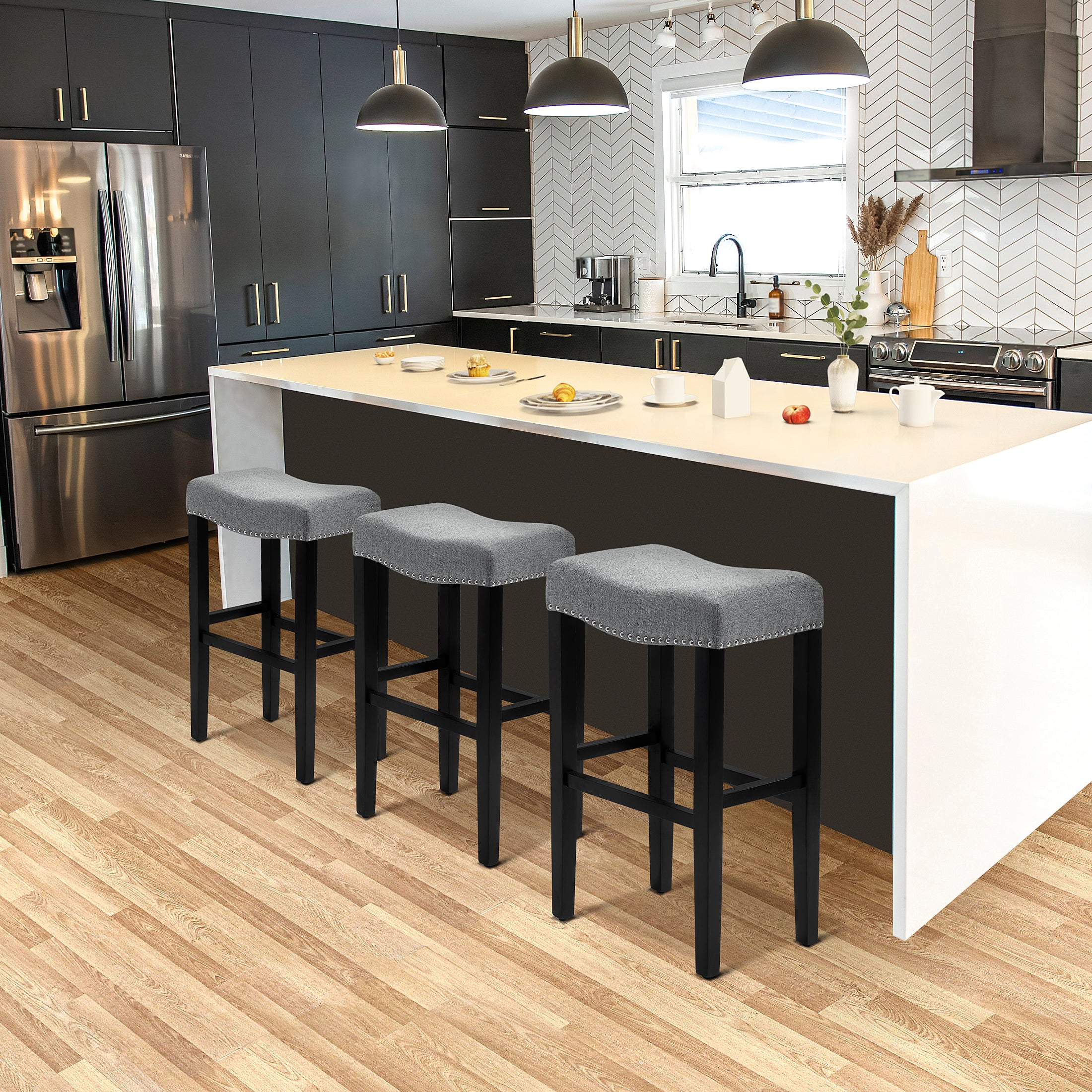 Bulmon 29" Upholstered Saddle Seat Black Bar Stool (Set of 3)