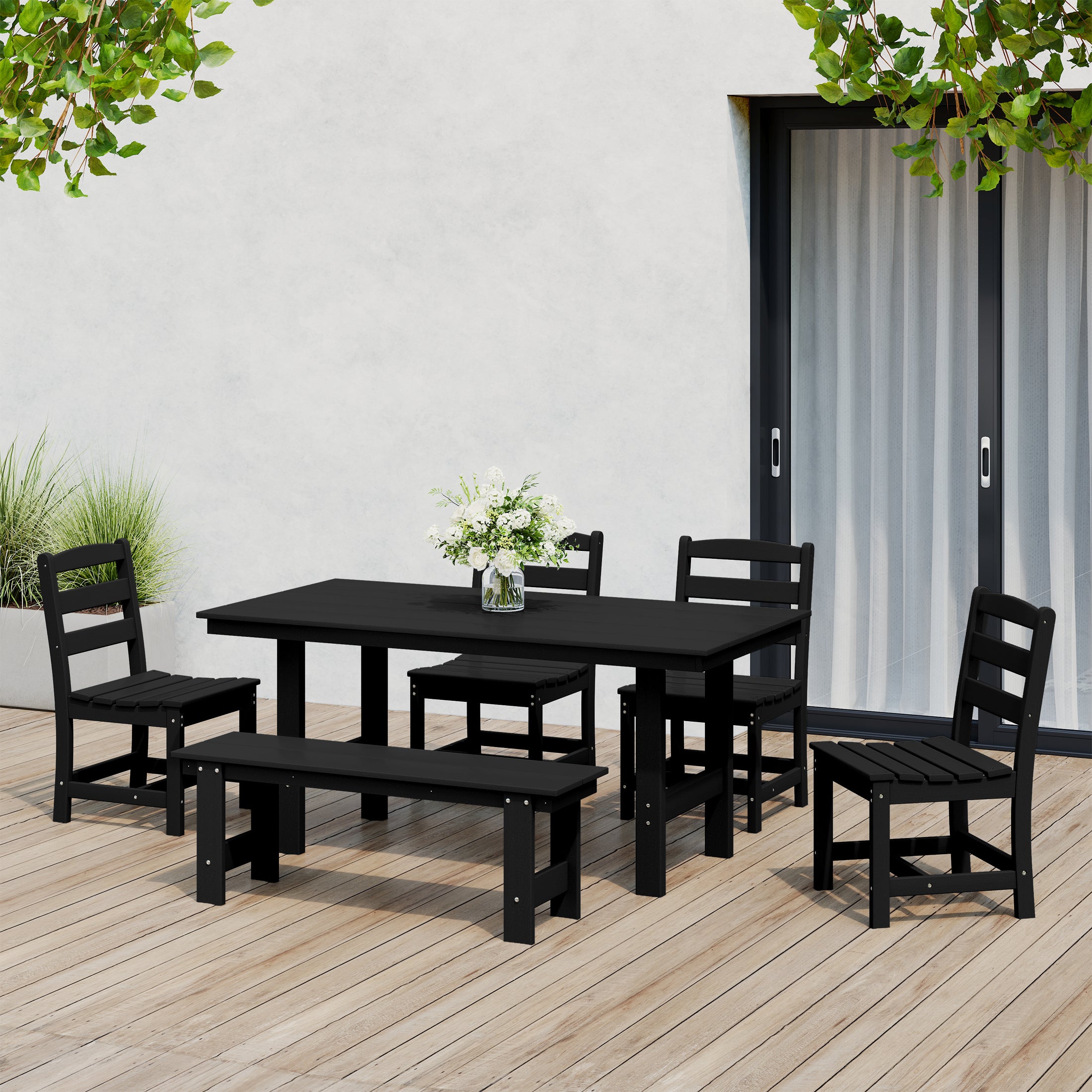 Palms 6-Piece Outdoor HDPE Rectangular Patio Dining Table Set with Bench