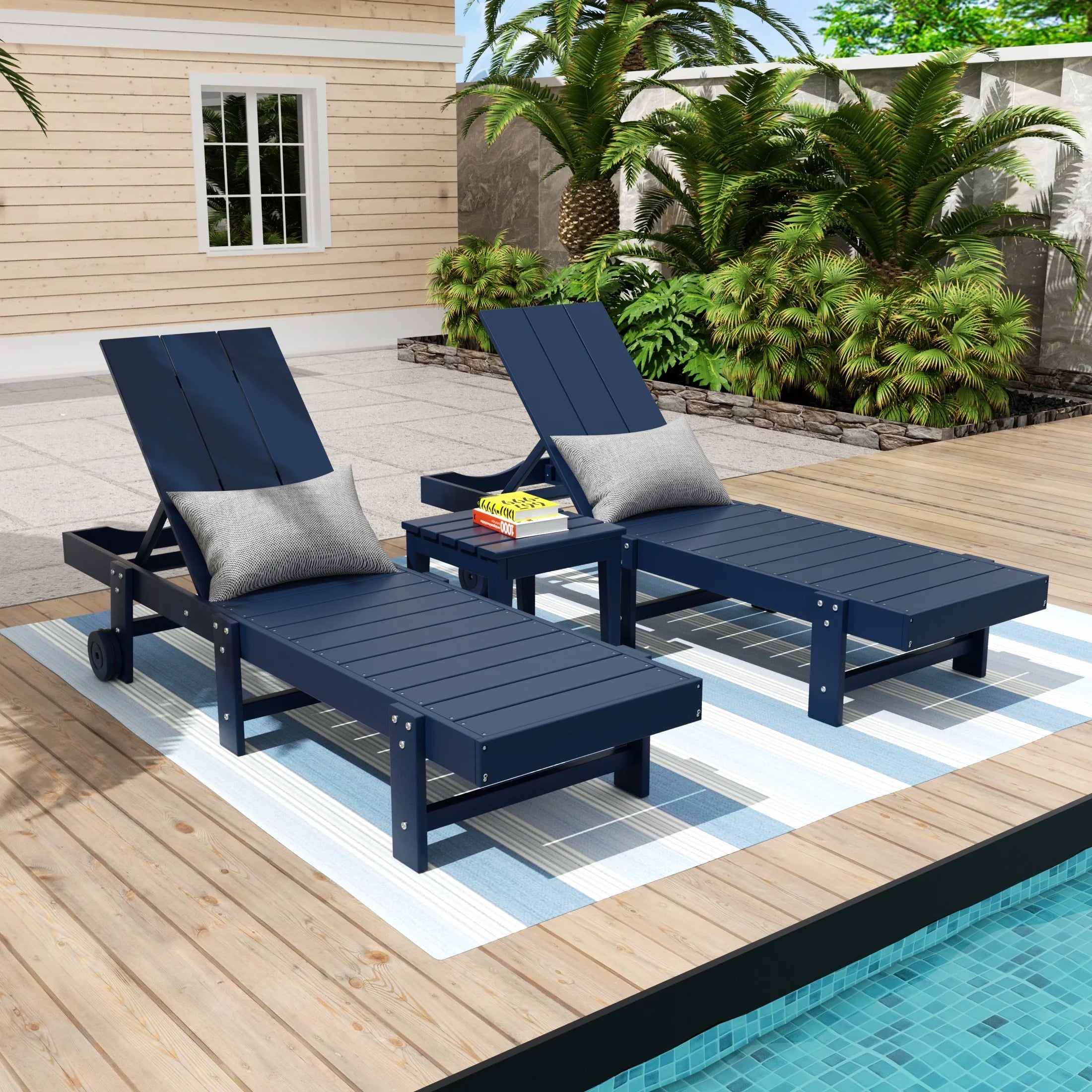 Palms 3 Piece Modern Poly Reclining Chaise Lounge With Wheels