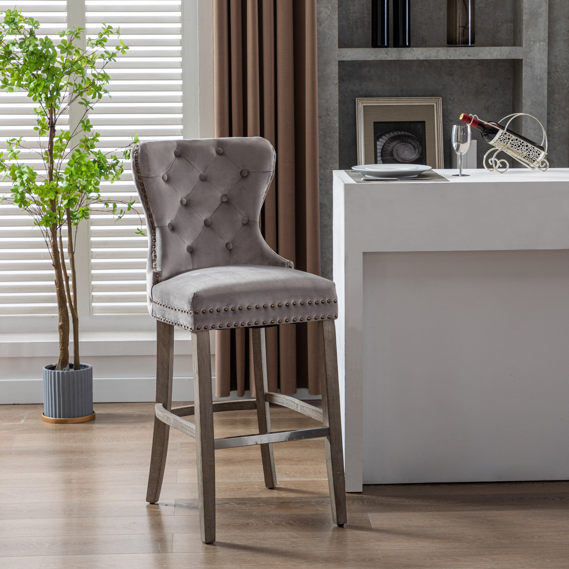 Hank 29" Tufted Velvet Bar Stool, Antique Gray