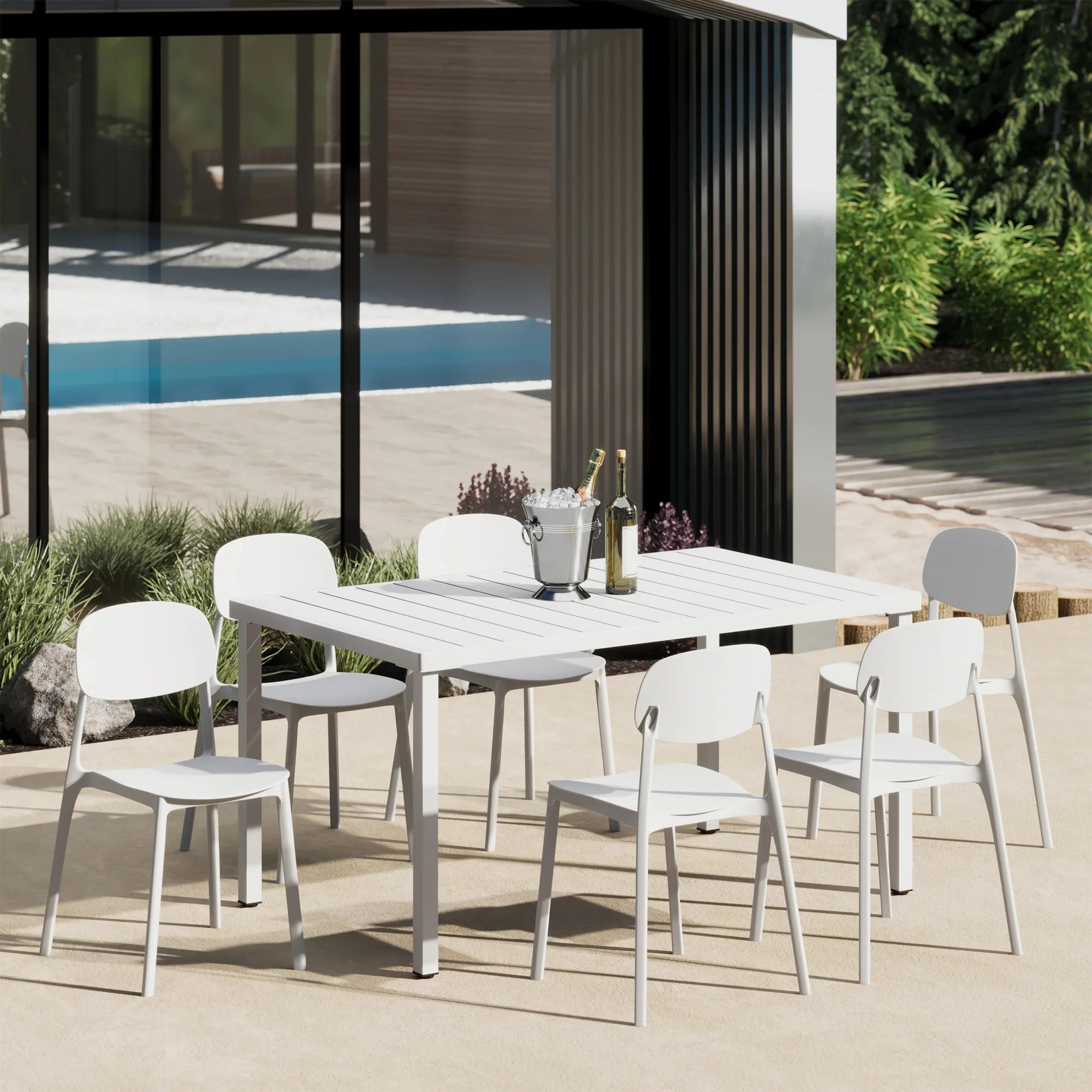 Sunshine 7-Piece Outdoor Rectangular Metal Patio Dining Table Set With Mid-Century Modern Stackable Patio Side Chairs